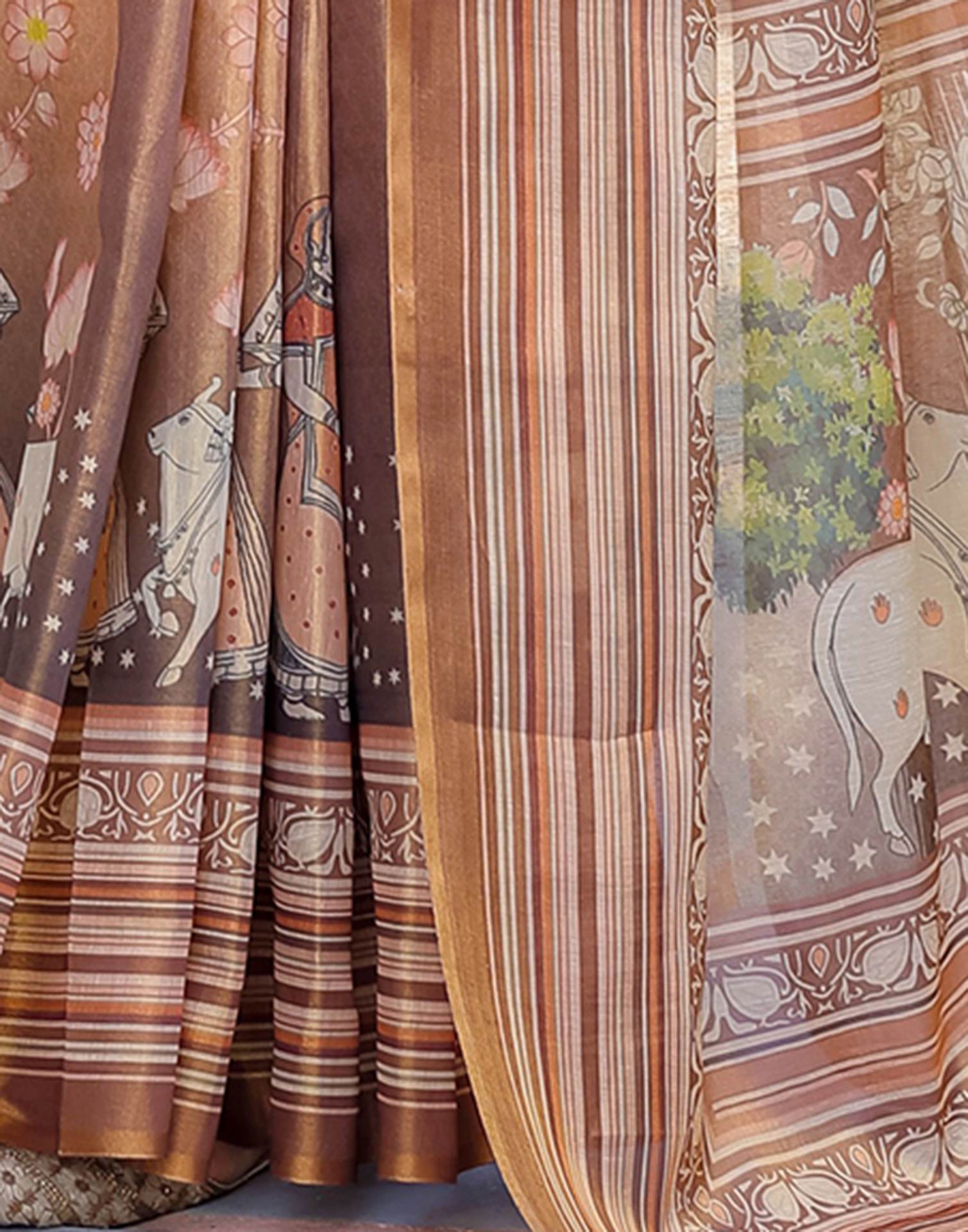 Brown Shimmer Silk Printed Saree
