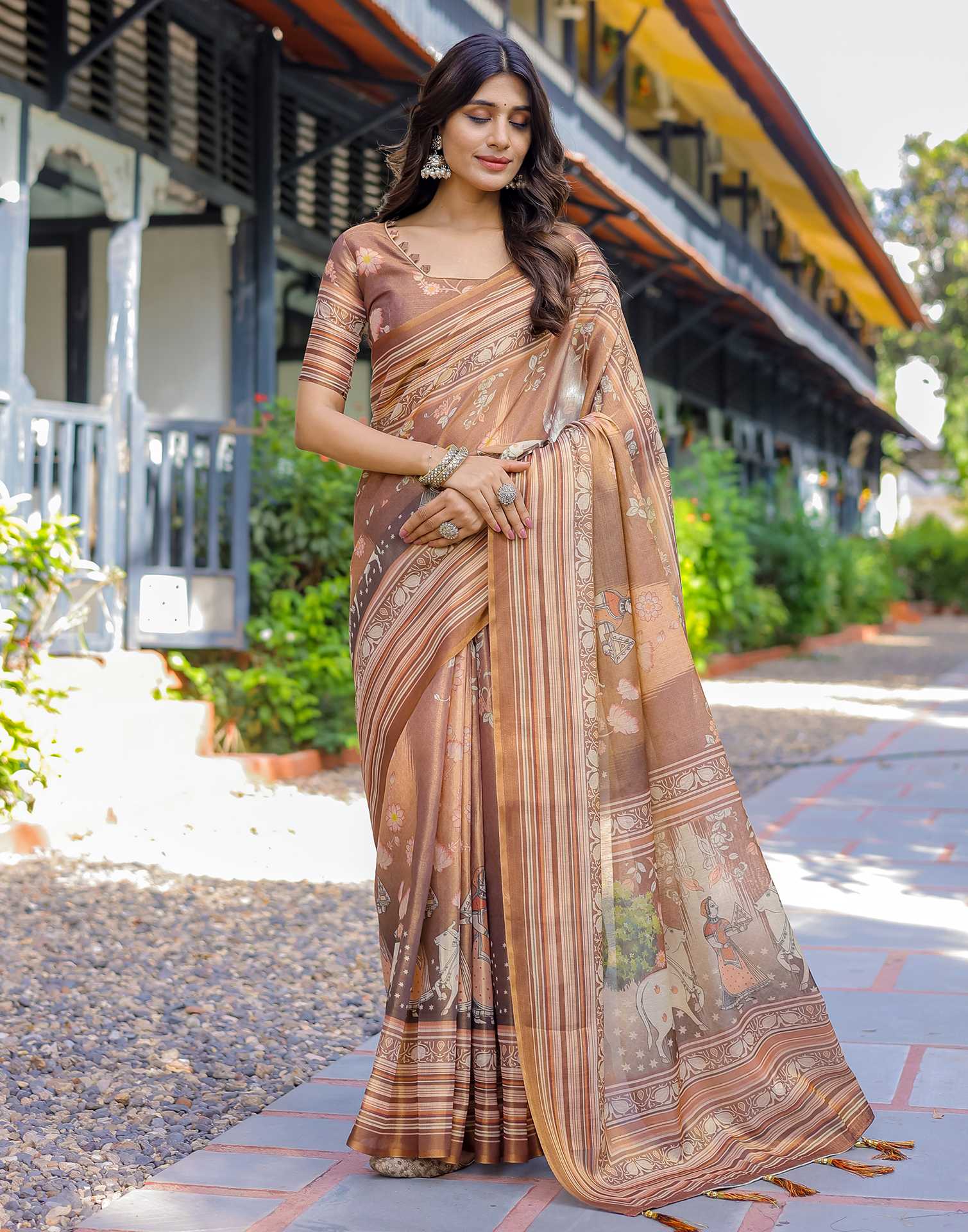 Brown Shimmer Silk Printed Saree