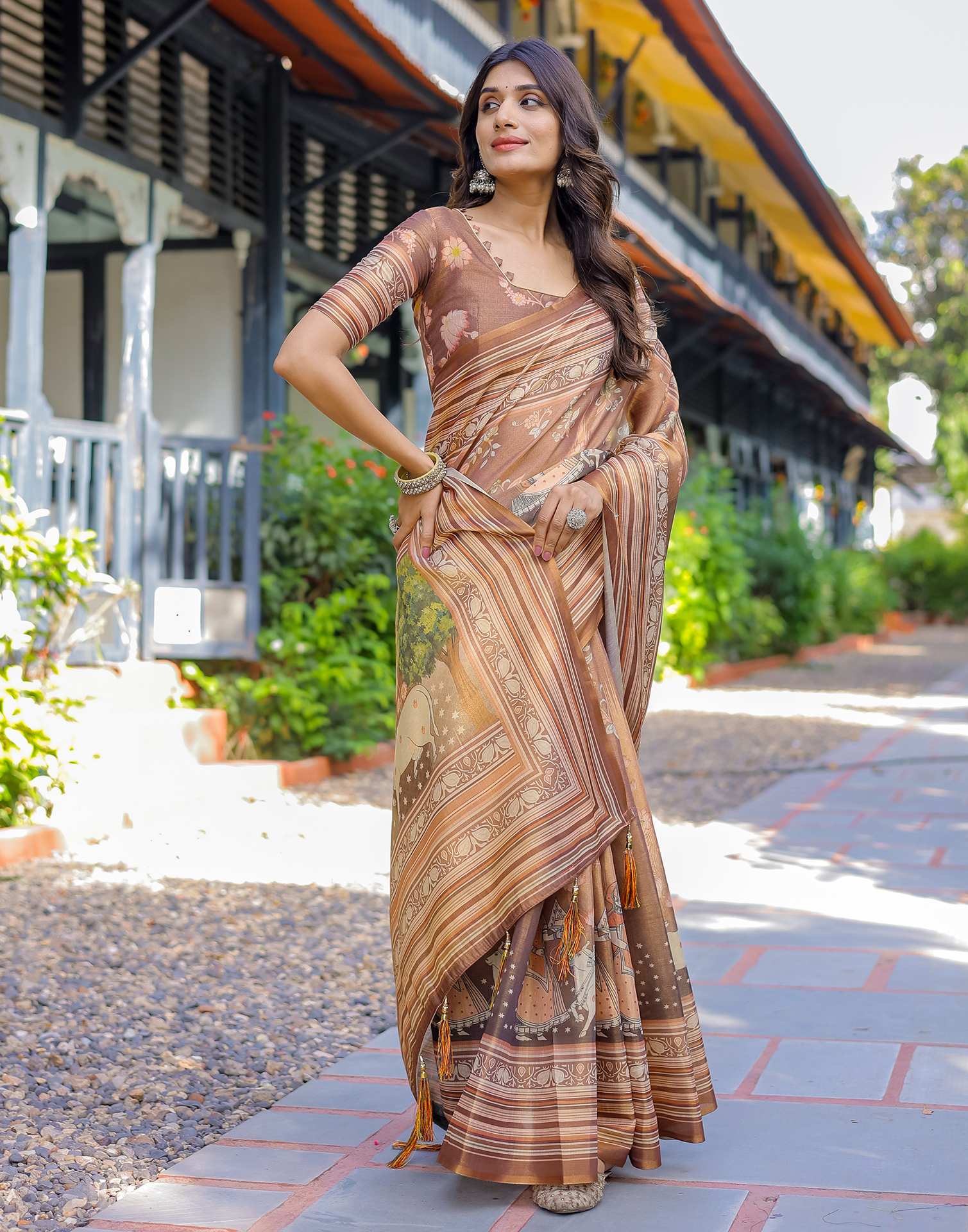 Brown Shimmer Silk Printed Saree