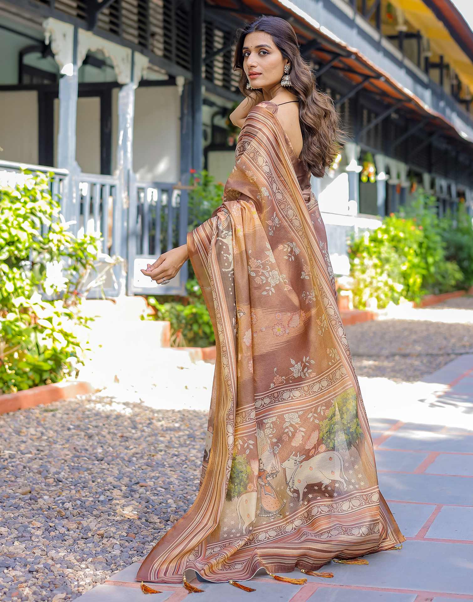 Brown Shimmer Silk Printed Saree