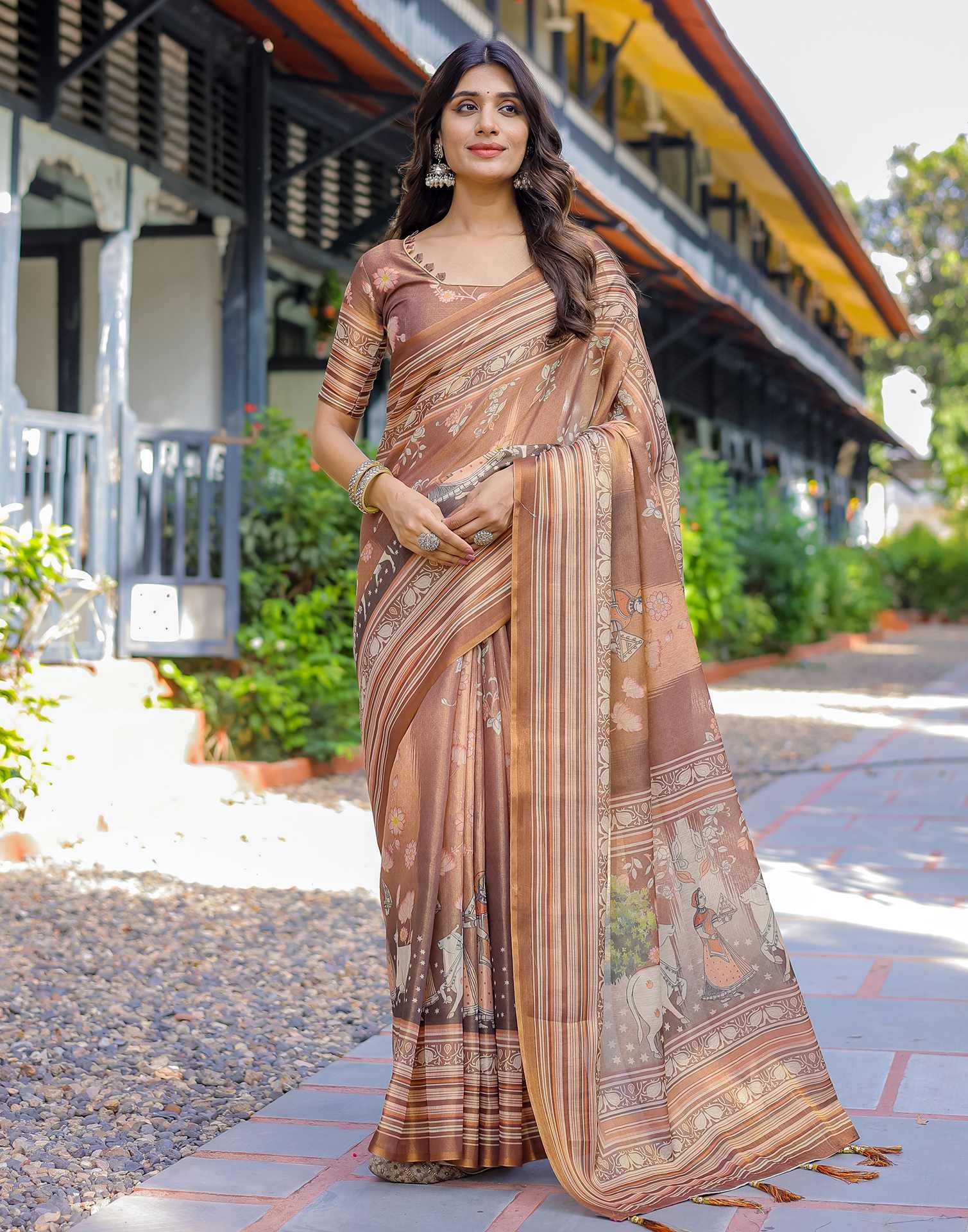 Brown Shimmer Silk Printed Saree