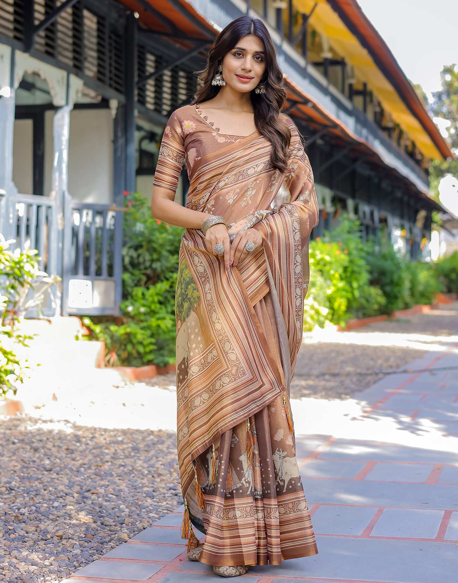 Brown Shimmer Silk Printed Saree