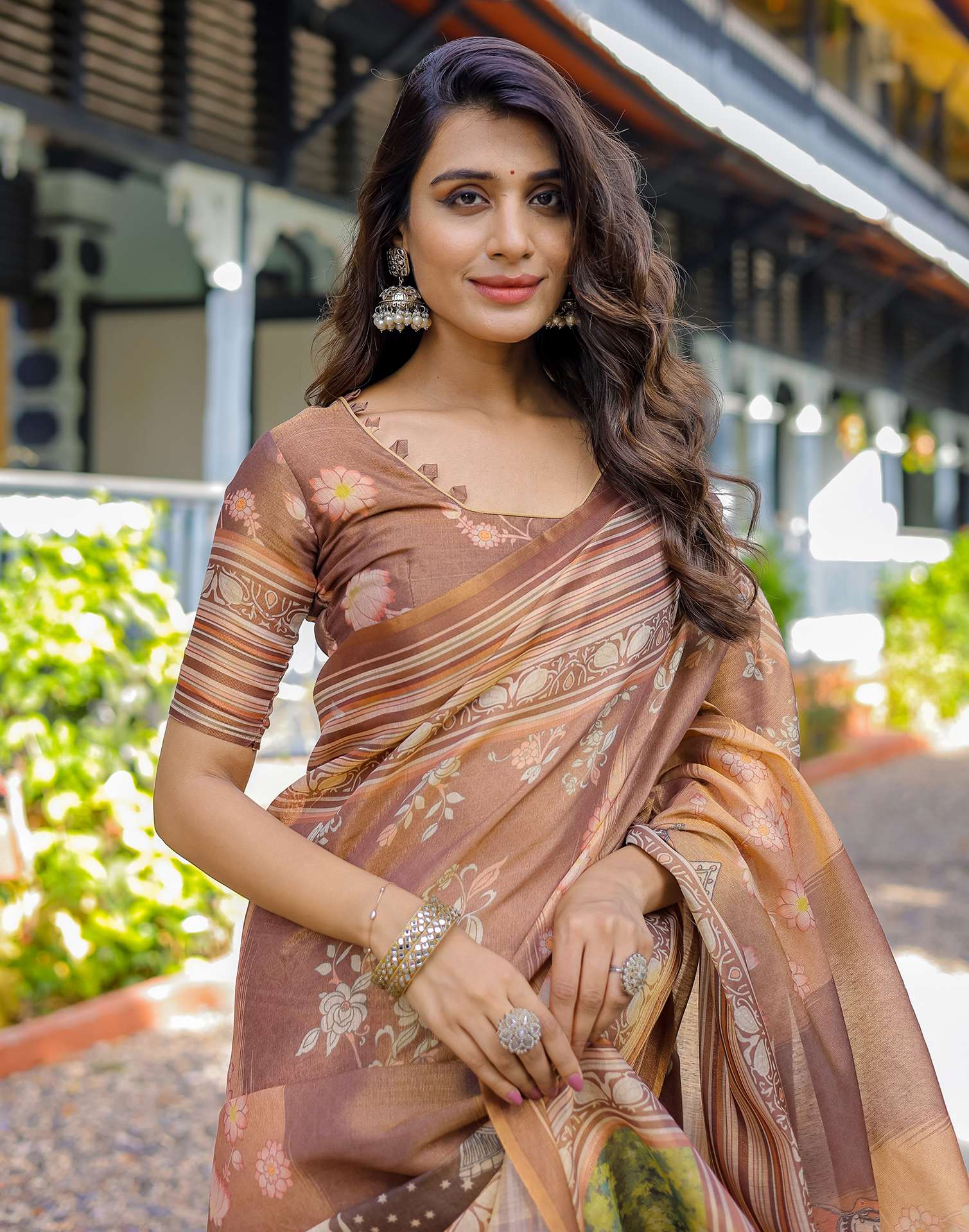 Brown Shimmer Silk Printed Saree