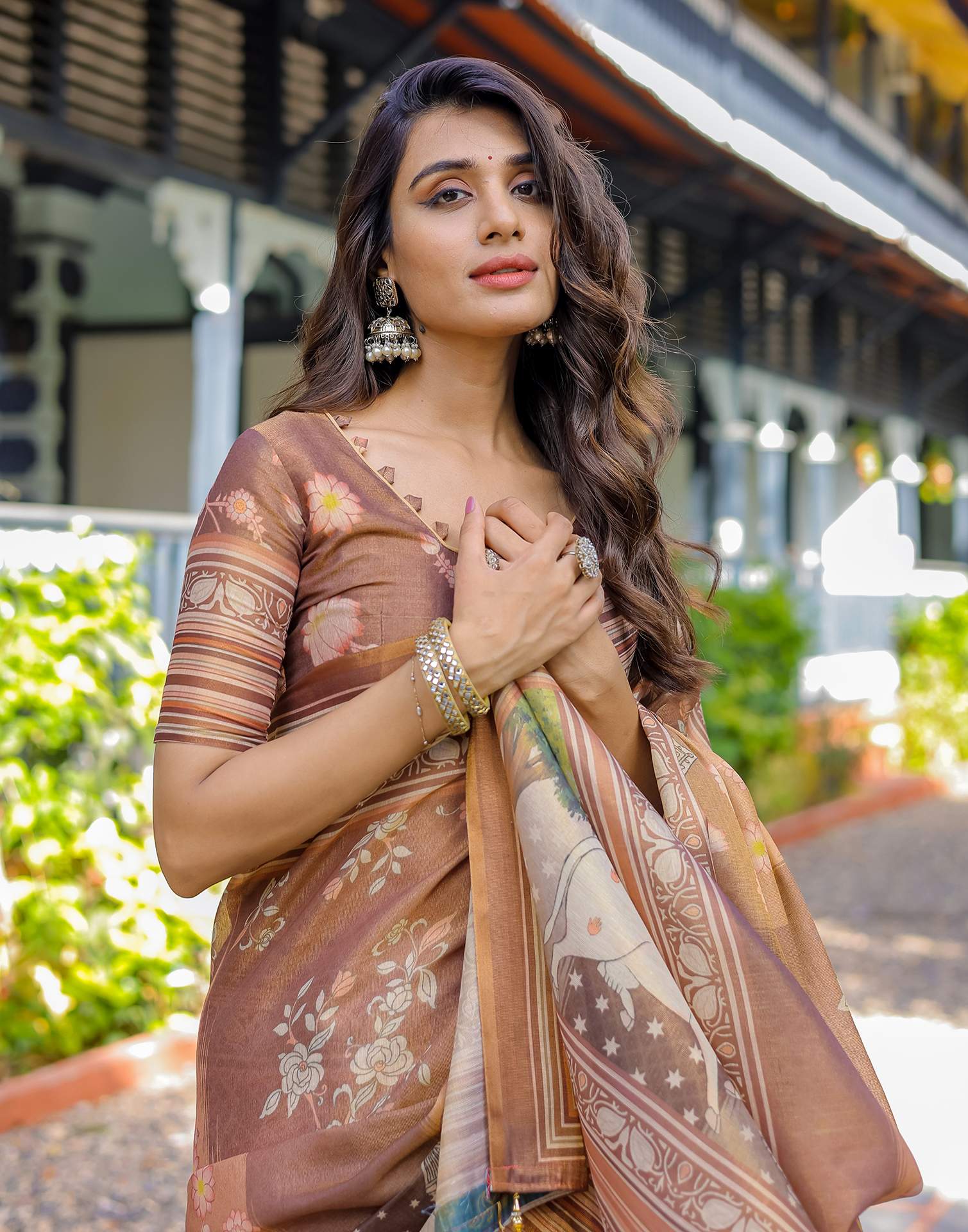 Brown Shimmer Silk Printed Saree