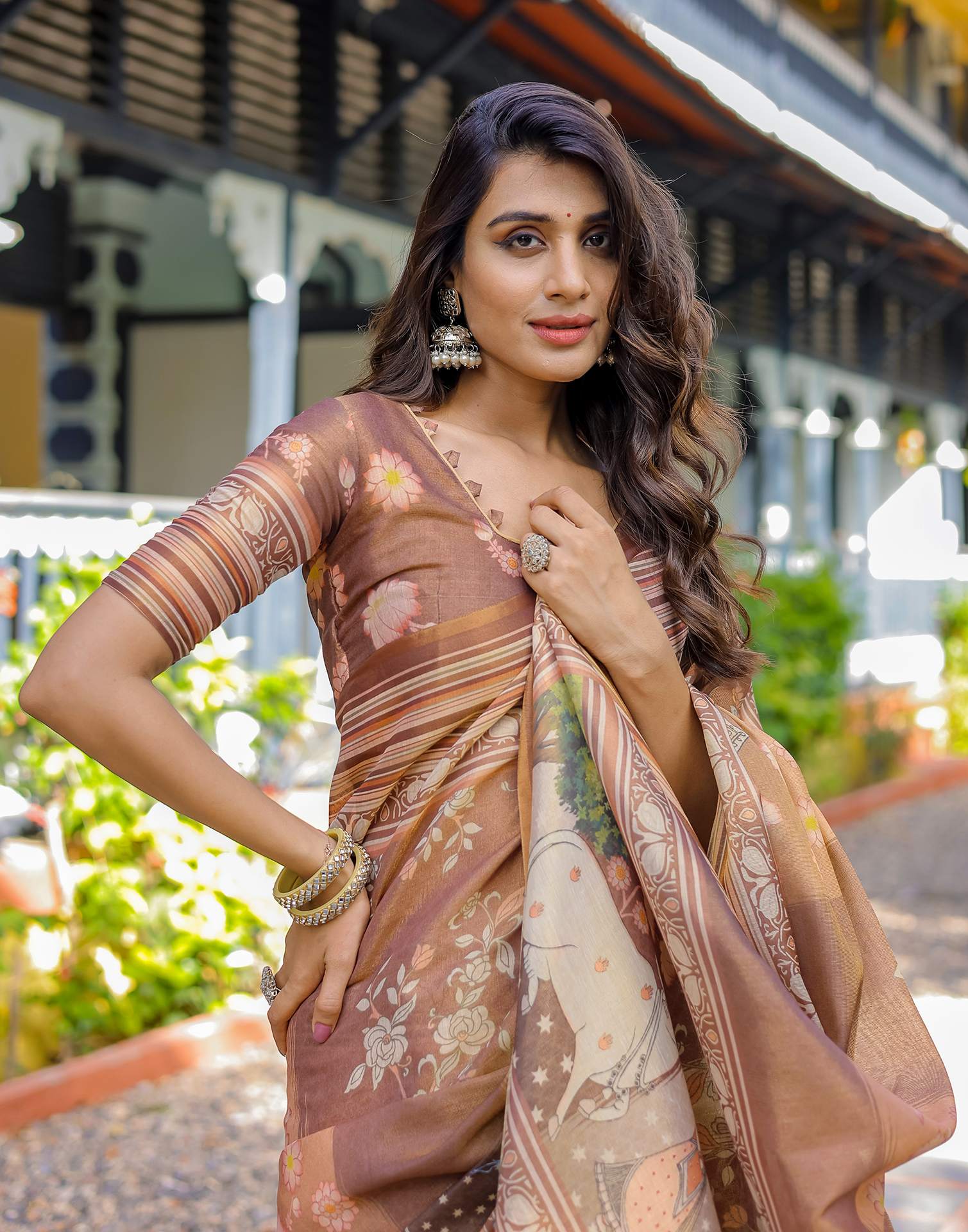 Brown Shimmer Silk Printed Saree
