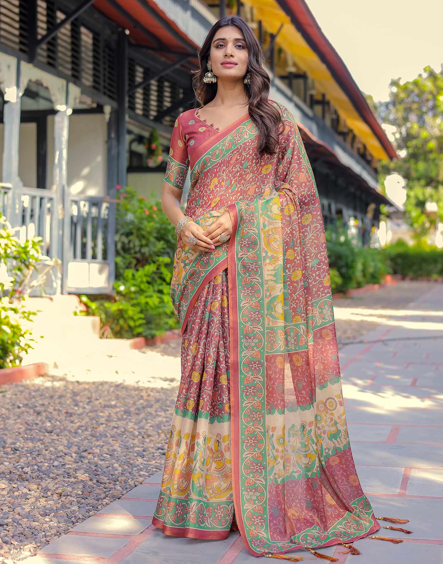 Coral Red Shimmer Silk Printed Saree