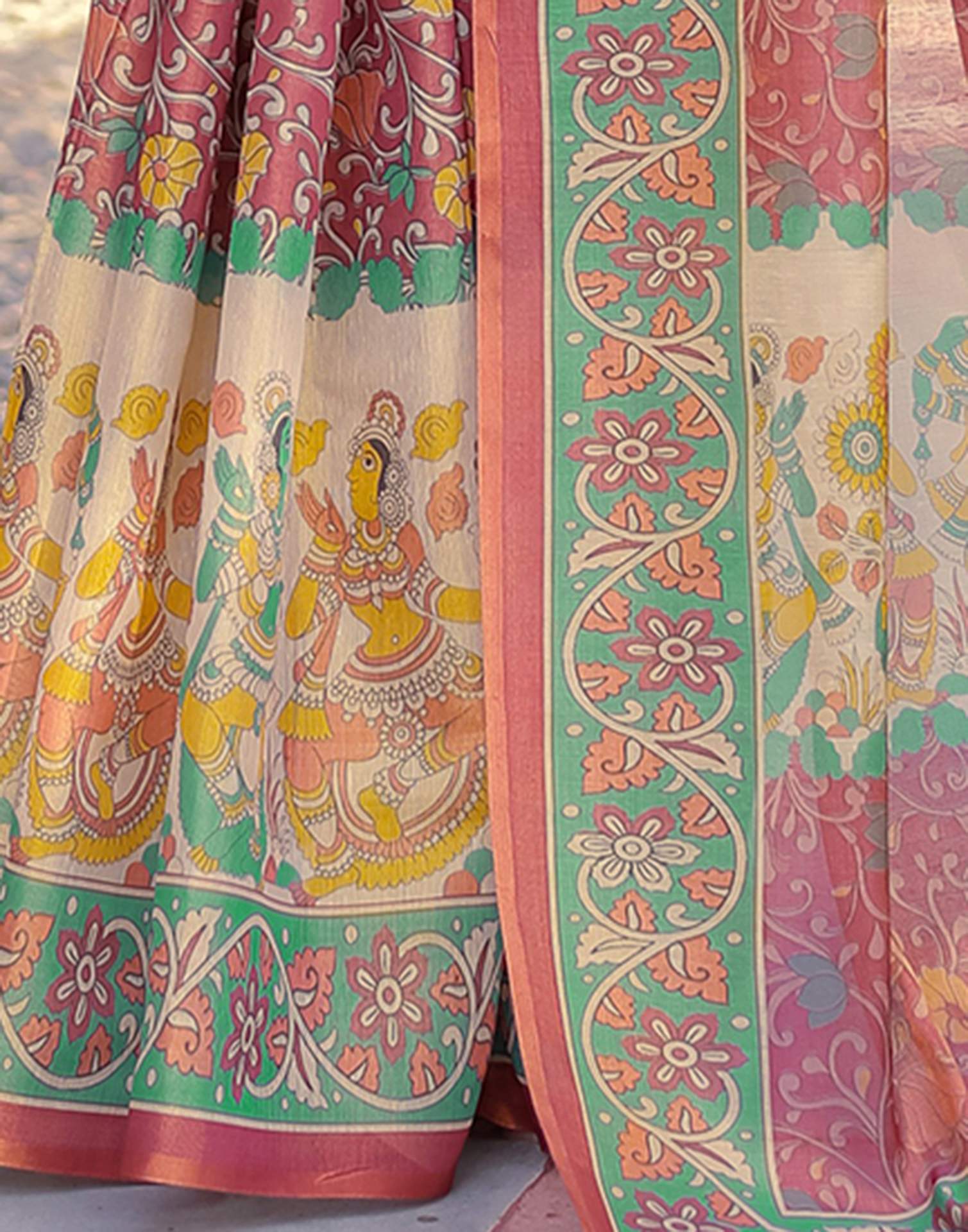 Coral Red Shimmer Silk Printed Saree