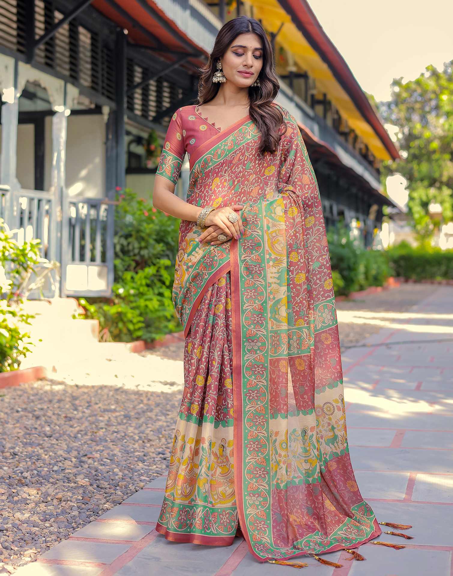 Coral Red Shimmer Silk Printed Saree