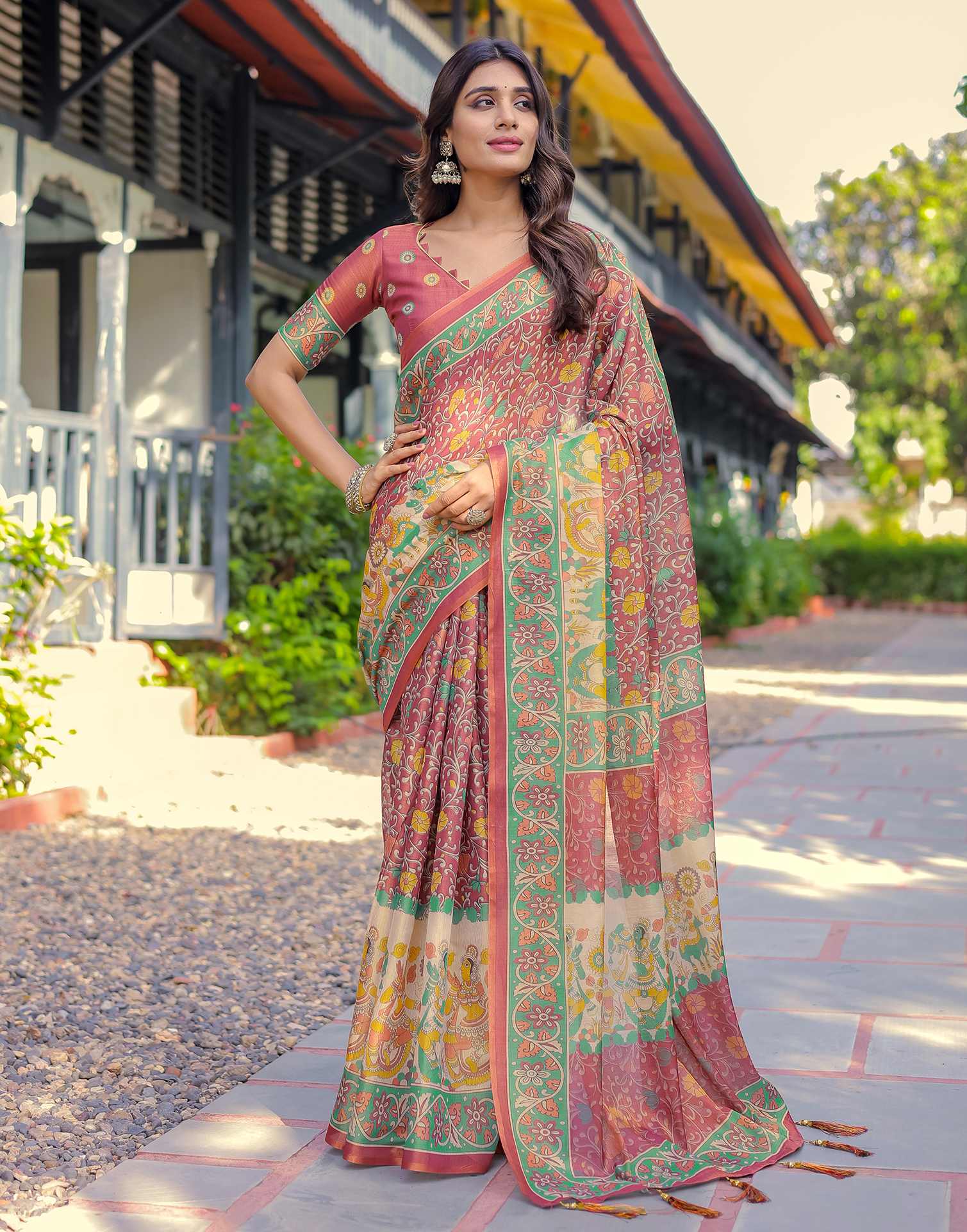 Coral Red Shimmer Silk Printed Saree