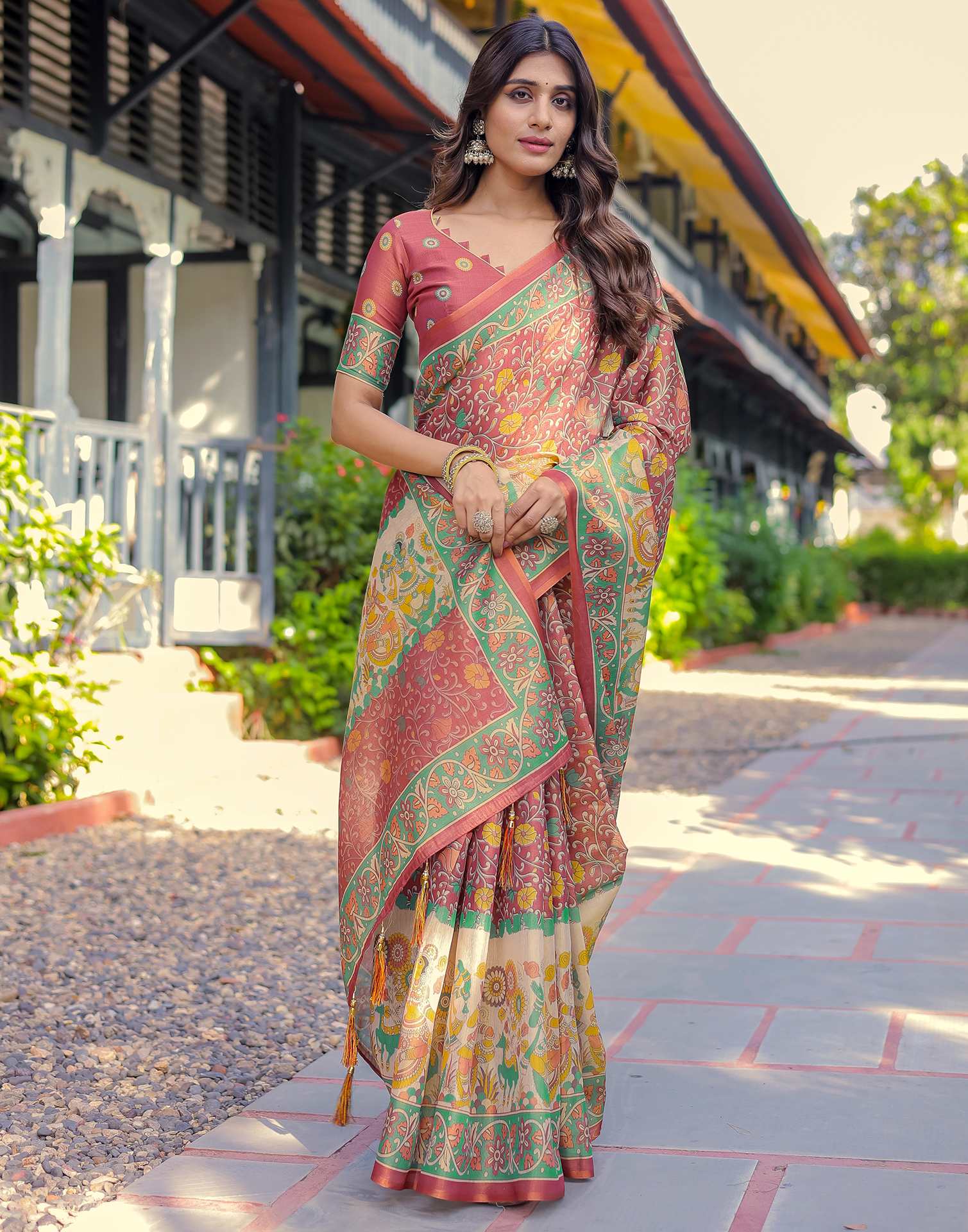Coral Red Shimmer Silk Printed Saree