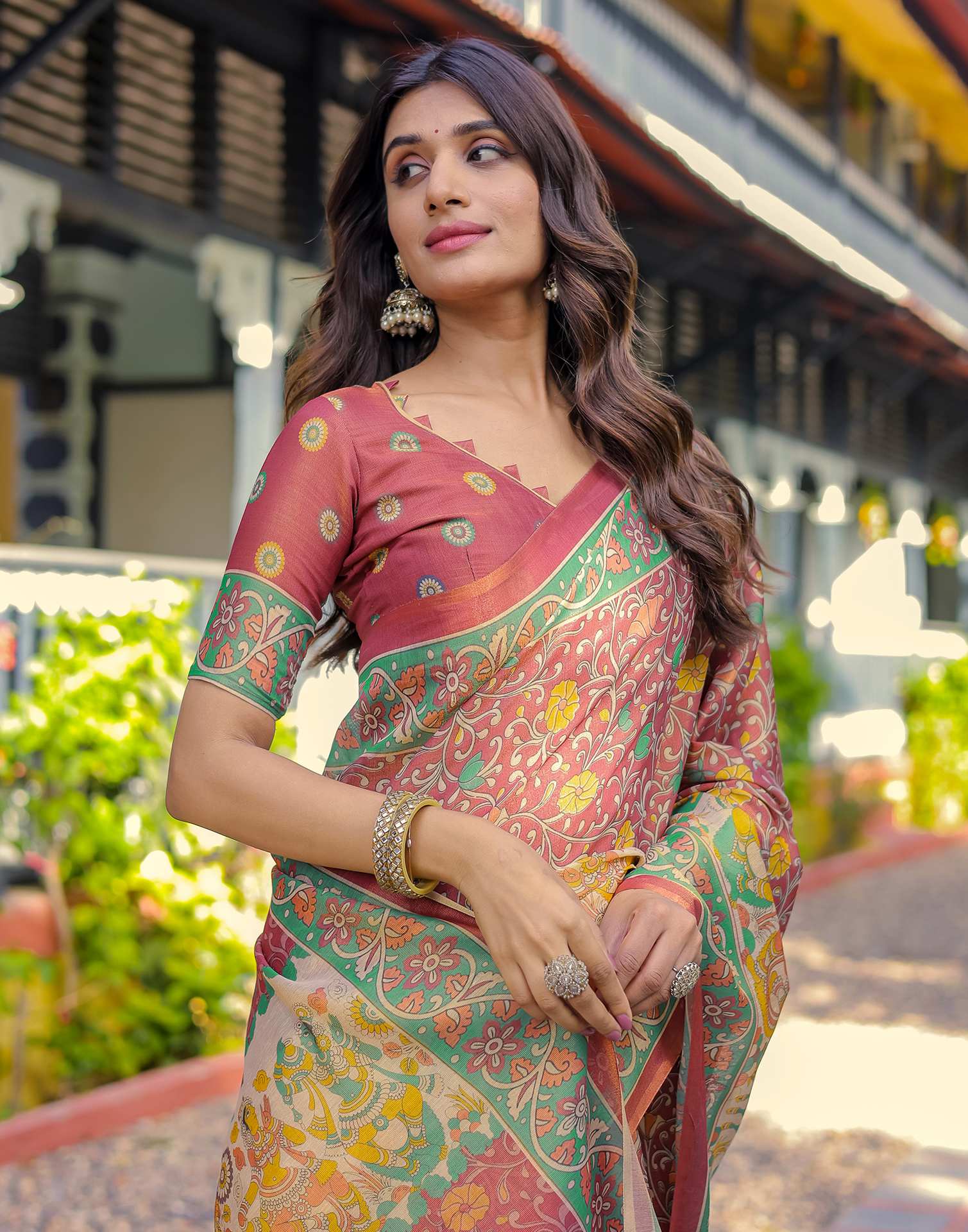 Coral Red Shimmer Silk Printed Saree