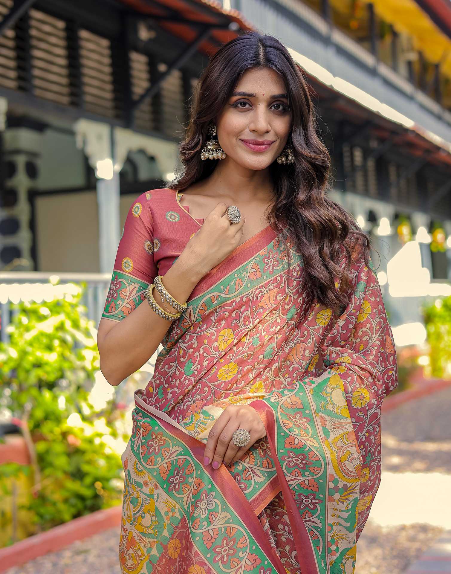 Coral Red Shimmer Silk Printed Saree
