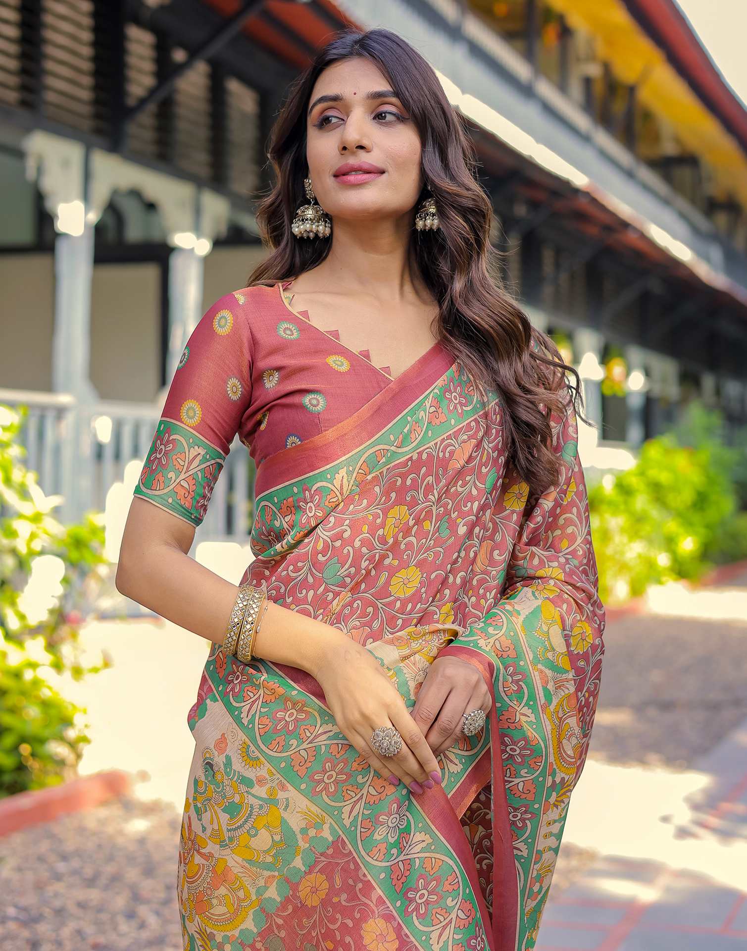 Coral Red Shimmer Silk Printed Saree