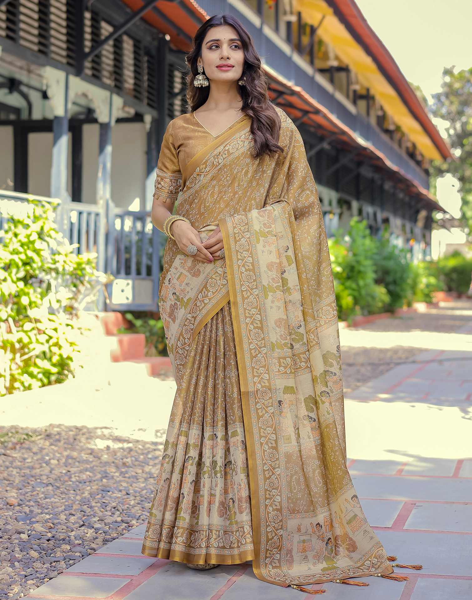 Mustard Shimmer Silk Printed Saree