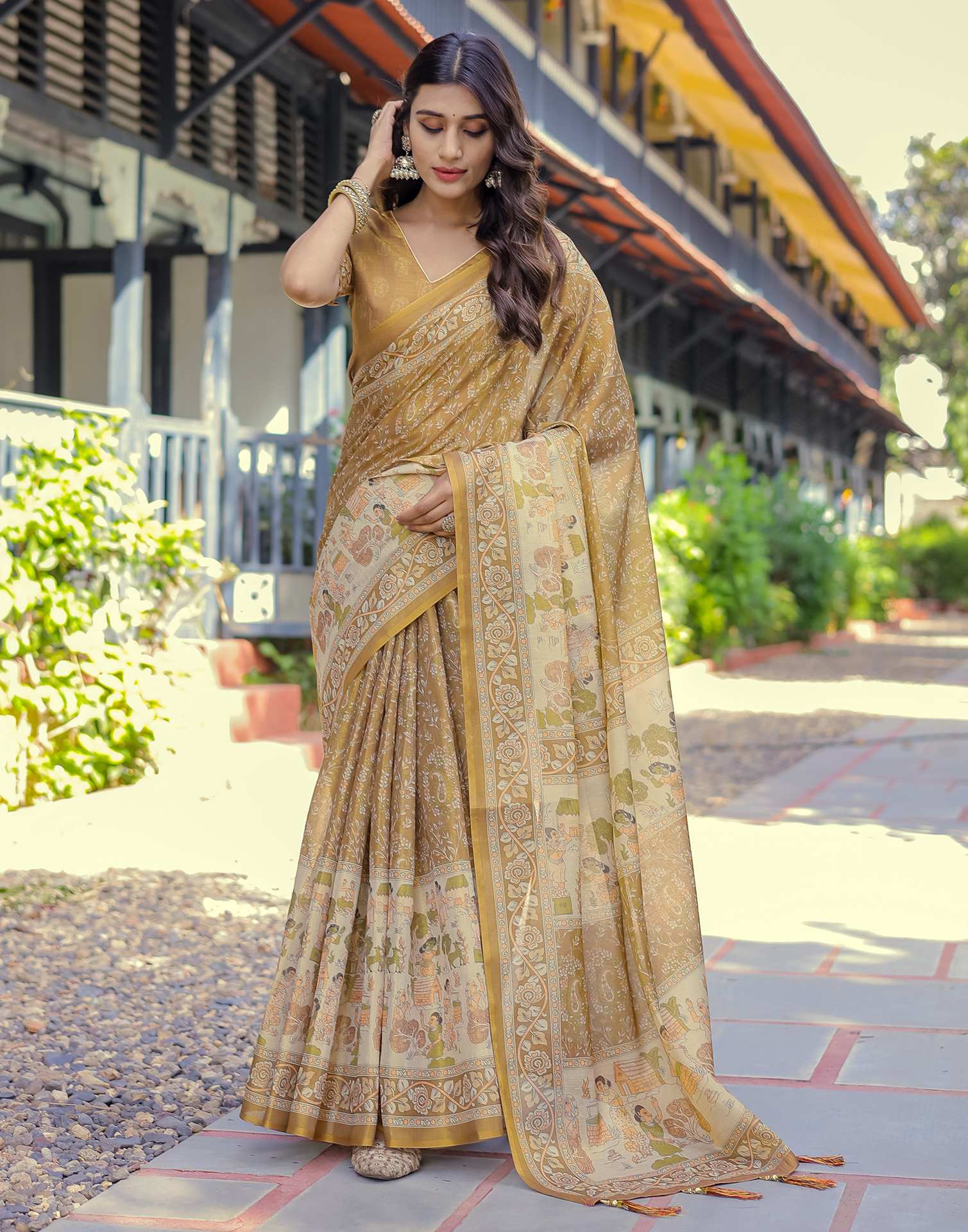 Mustard Shimmer Silk Printed Saree