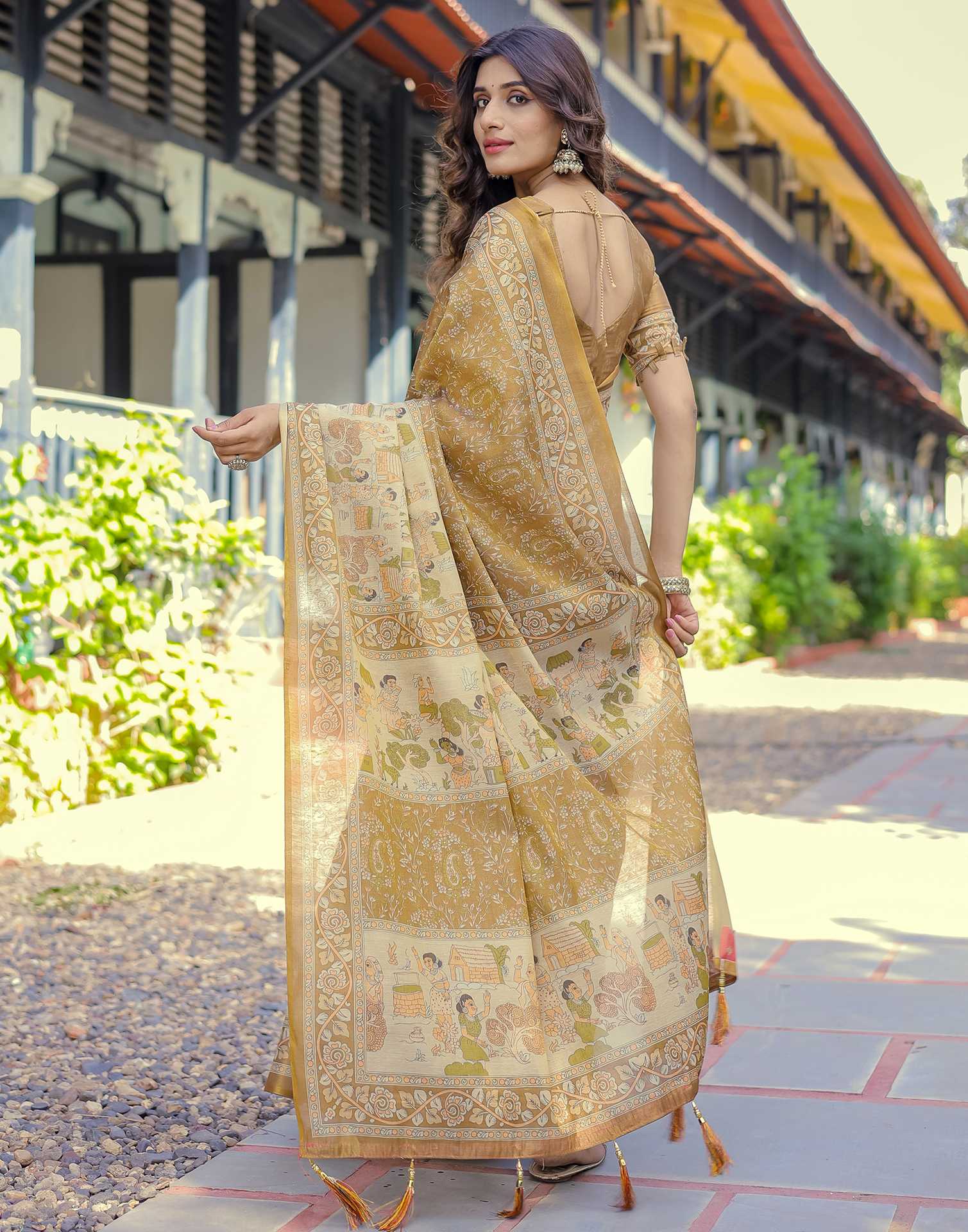 Mustard Shimmer Silk Printed Saree