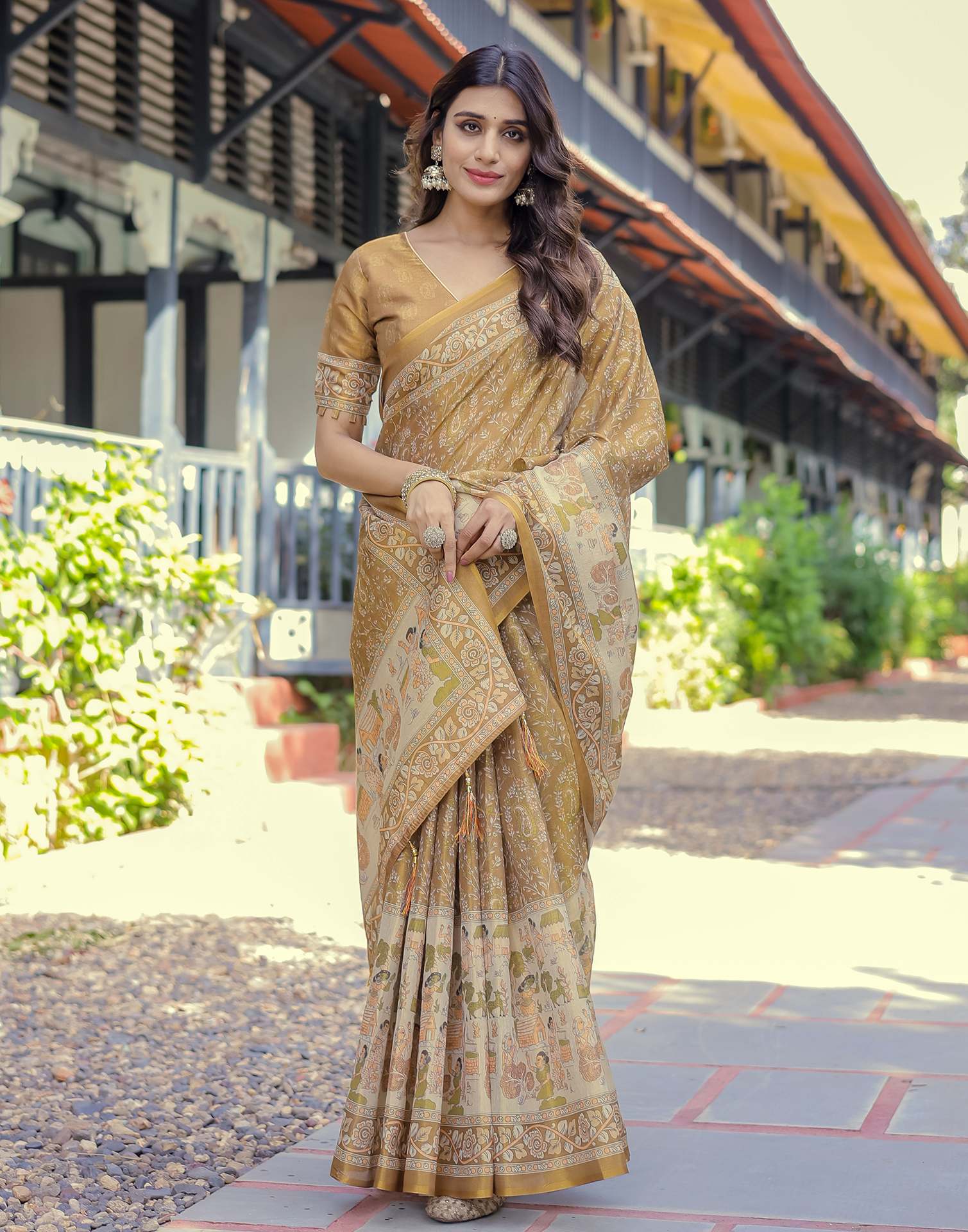 Mustard Shimmer Silk Printed Saree