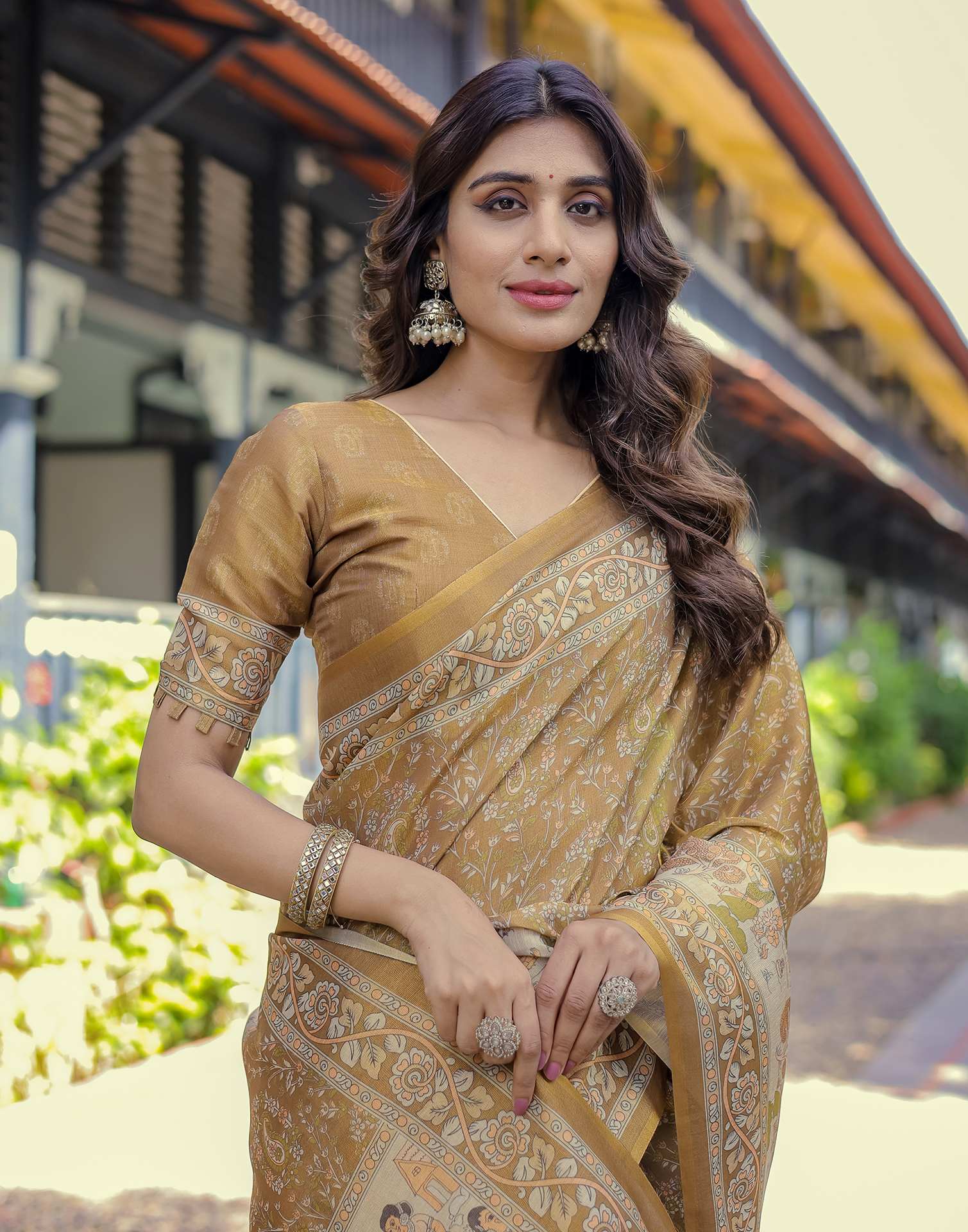 Mustard Shimmer Silk Printed Saree