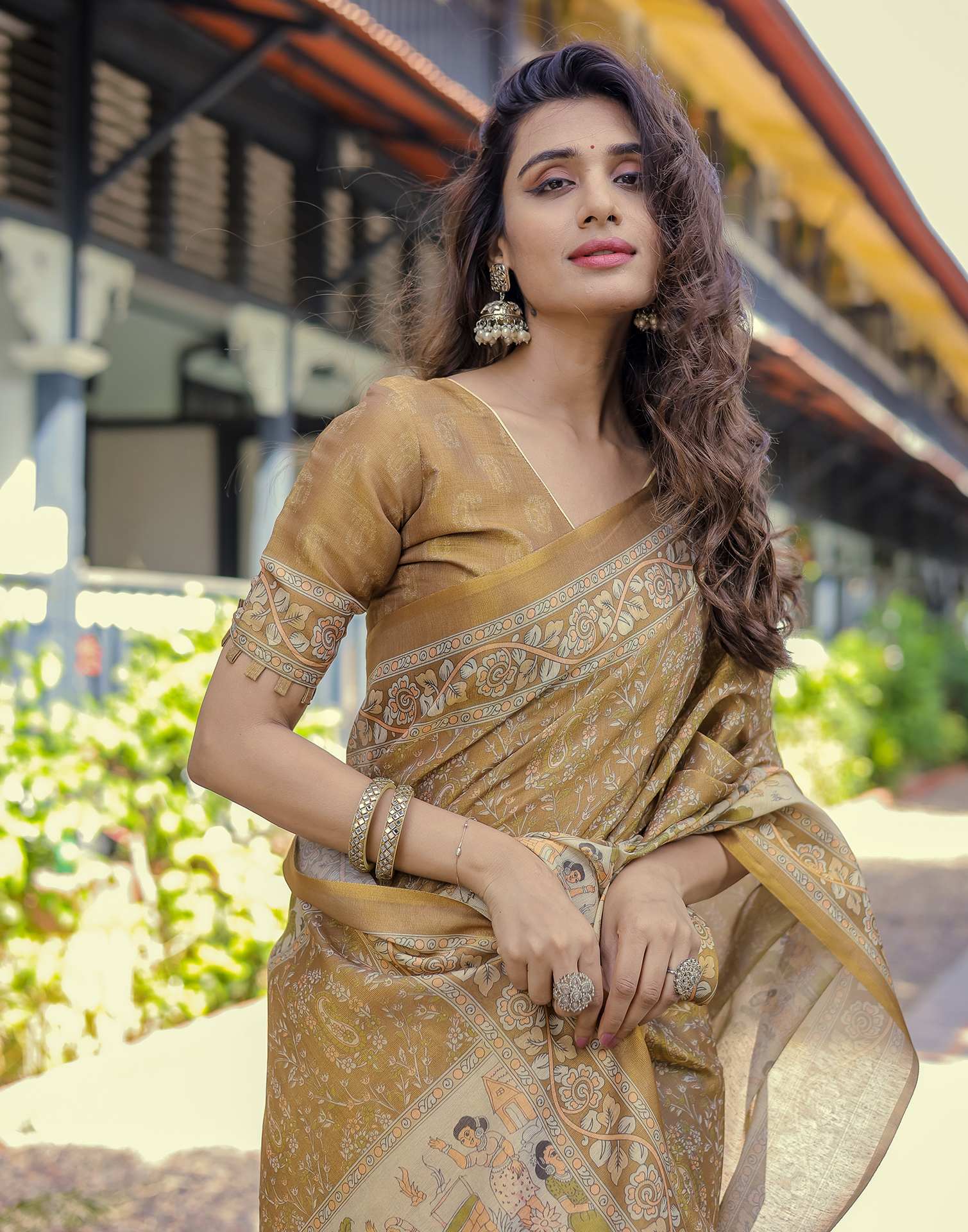 Mustard Shimmer Silk Printed Saree
