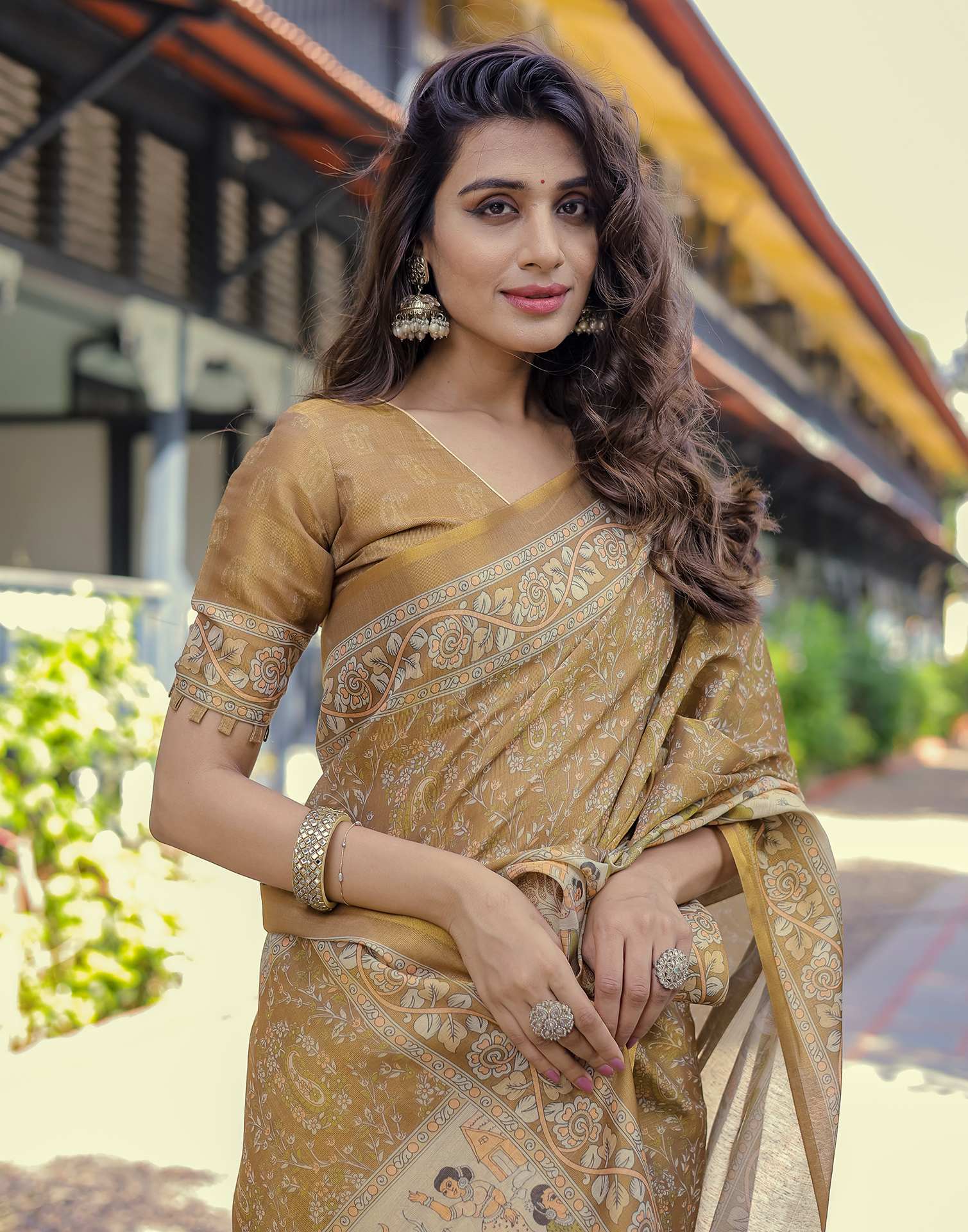 Mustard Shimmer Silk Printed Saree