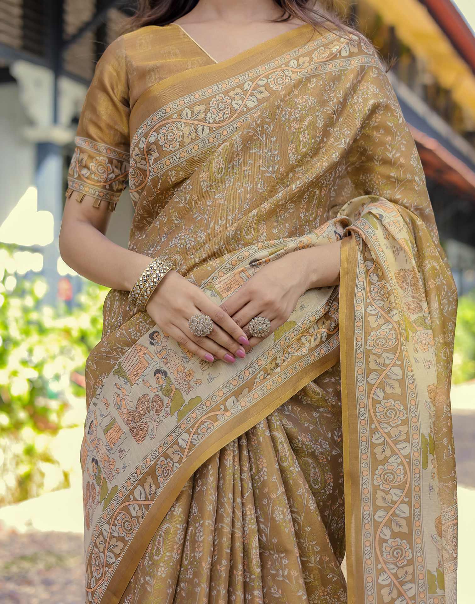 Mustard Shimmer Silk Printed Saree