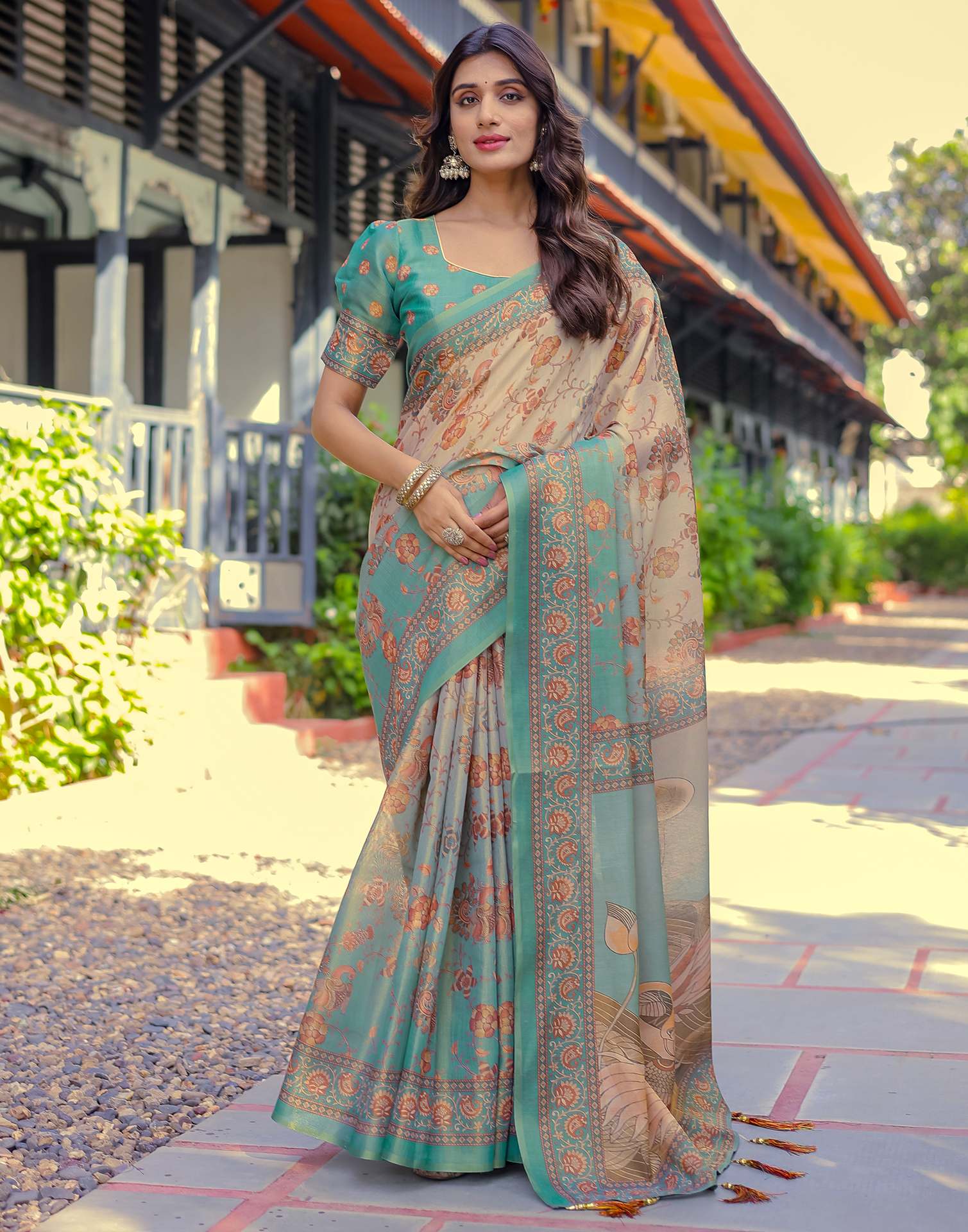 Teal Blue Shimmer Silk Printed Saree
