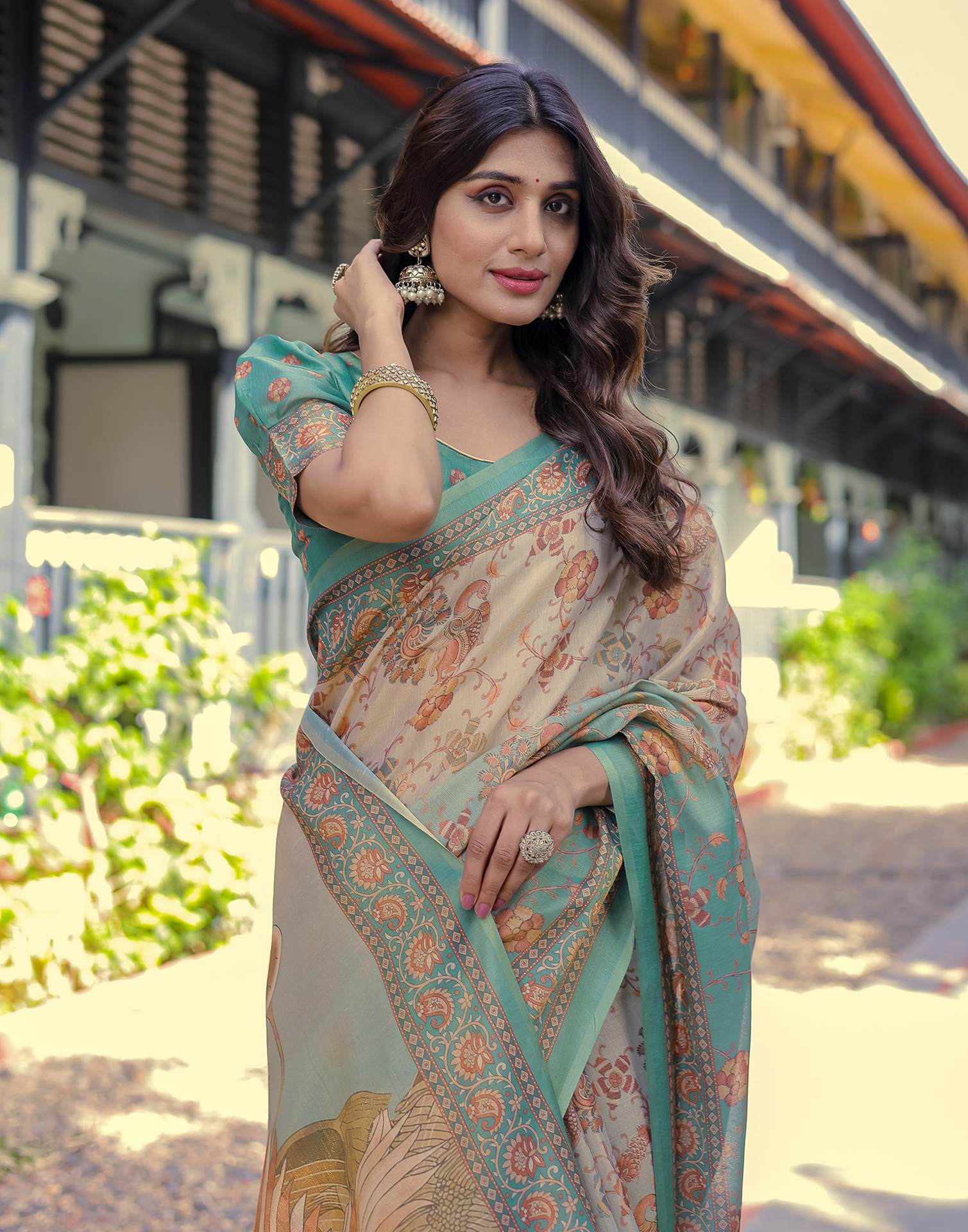 Teal Blue Shimmer Silk Printed Saree