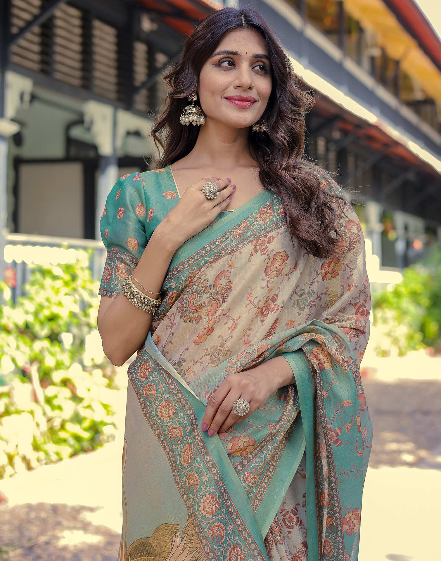 Teal Blue Shimmer Silk Printed Saree