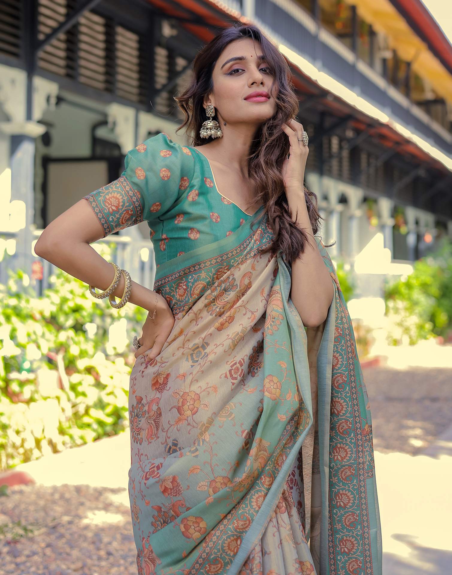 Teal Blue Shimmer Silk Printed Saree