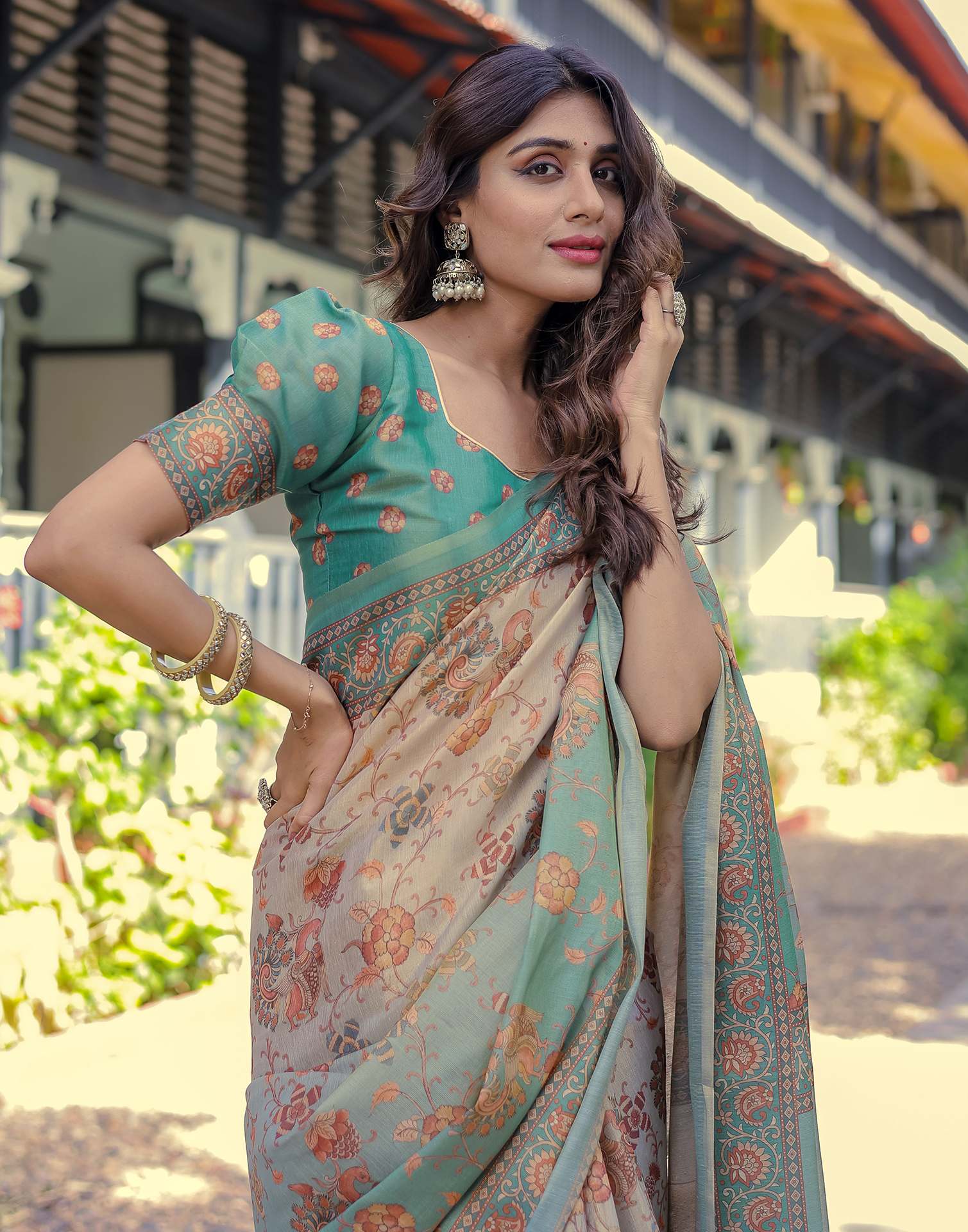 Teal Blue Shimmer Silk Printed Saree
