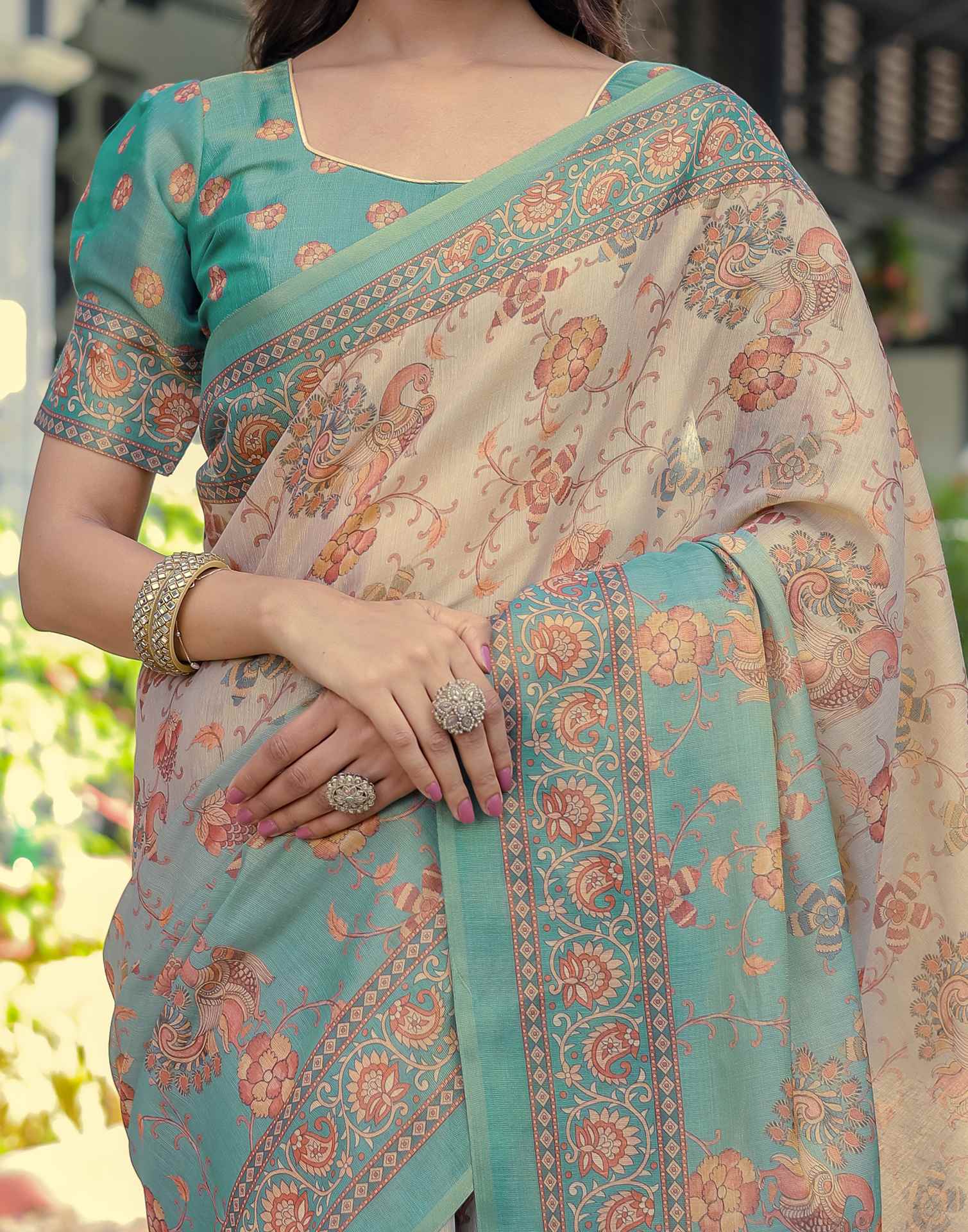 Teal Blue Shimmer Silk Printed Saree