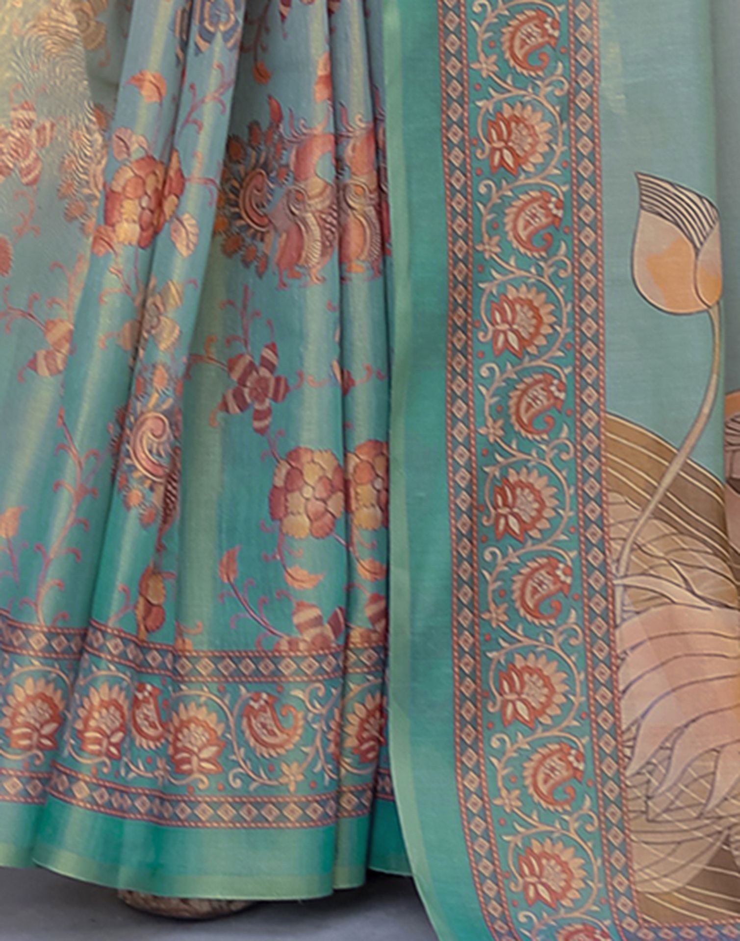 Teal Blue Shimmer Silk Printed Saree