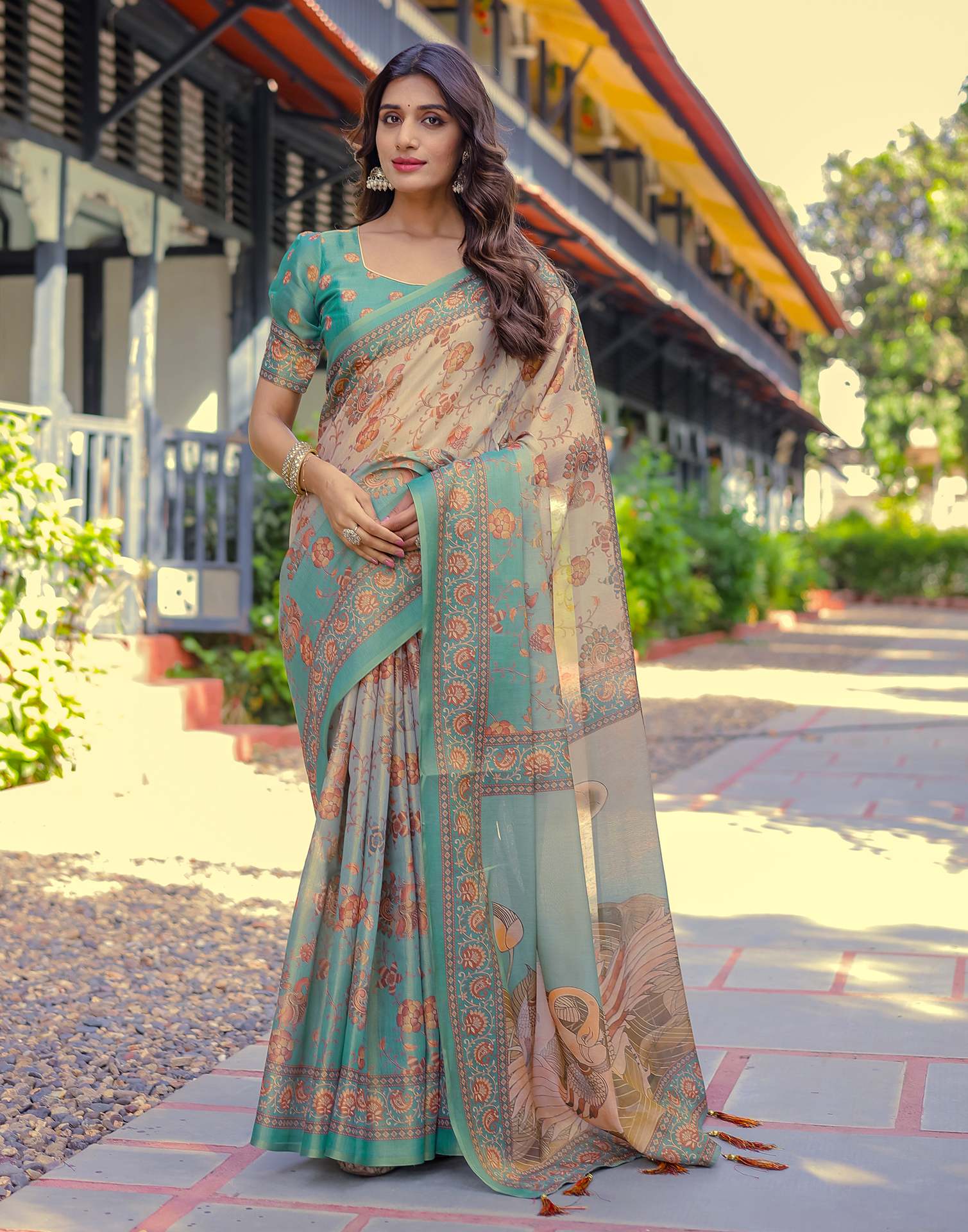 Teal Blue Shimmer Silk Printed Saree