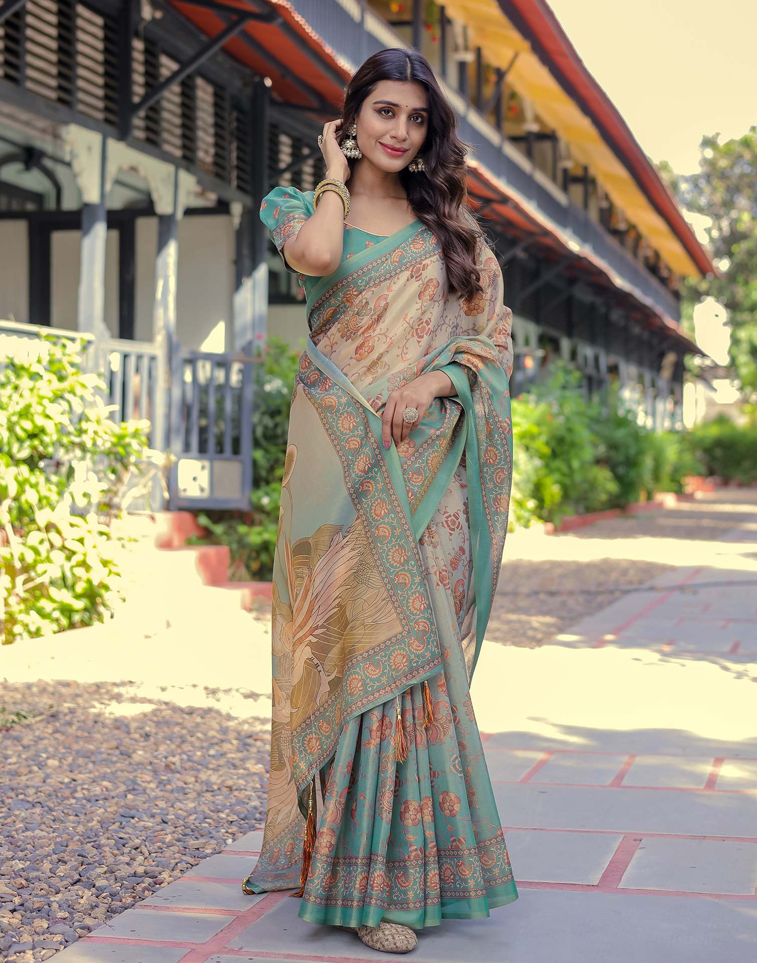 Teal Blue Shimmer Silk Printed Saree