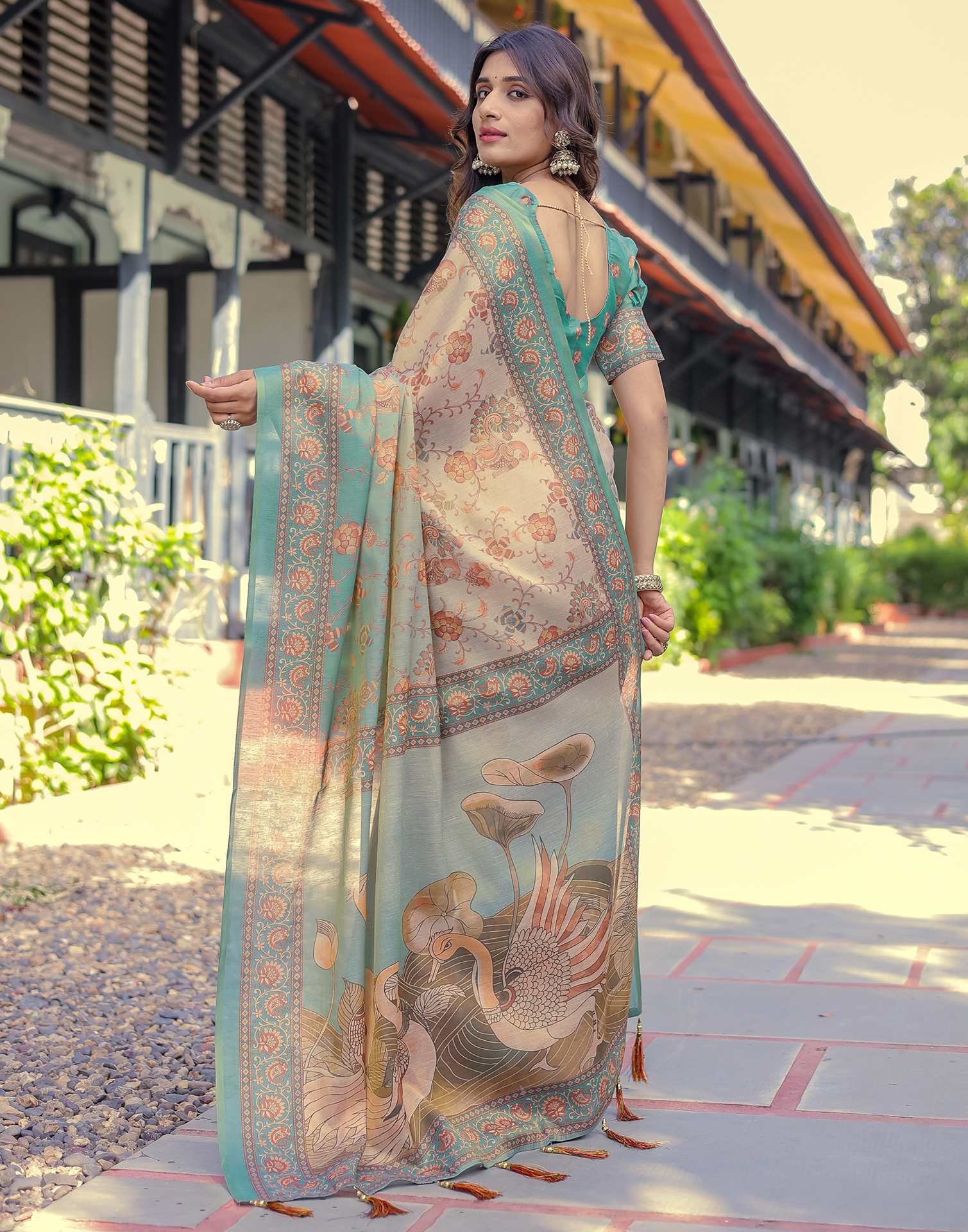 Teal Blue Shimmer Silk Printed Saree