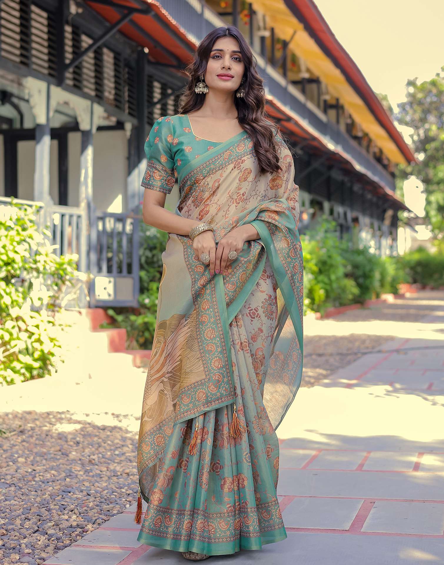 Teal Blue Shimmer Silk Printed Saree
