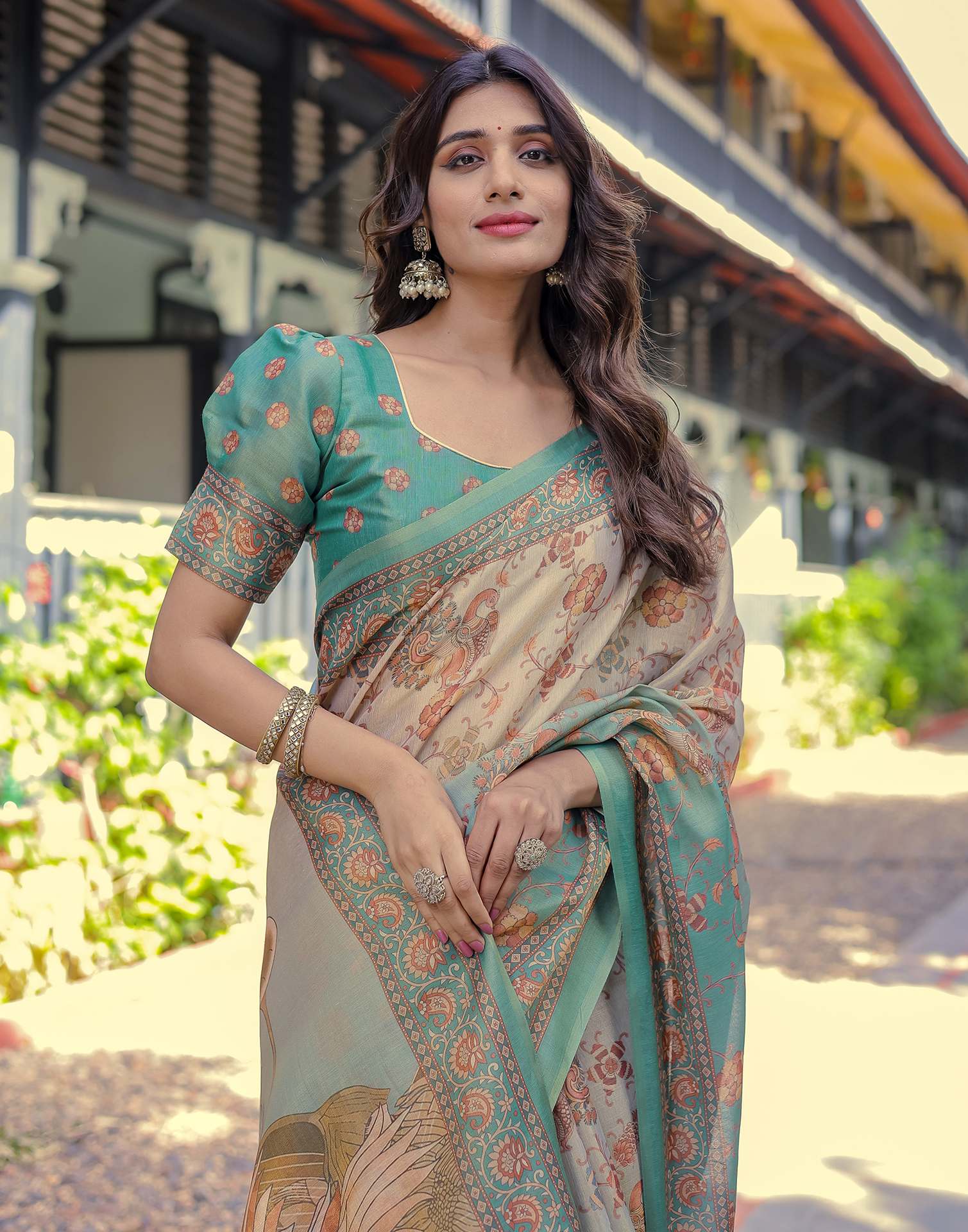 Teal Blue Shimmer Silk Printed Saree
