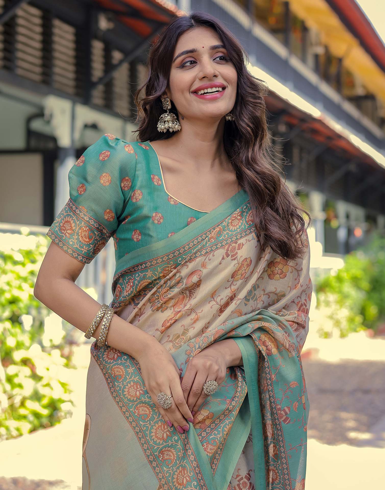 Teal Blue Shimmer Silk Printed Saree