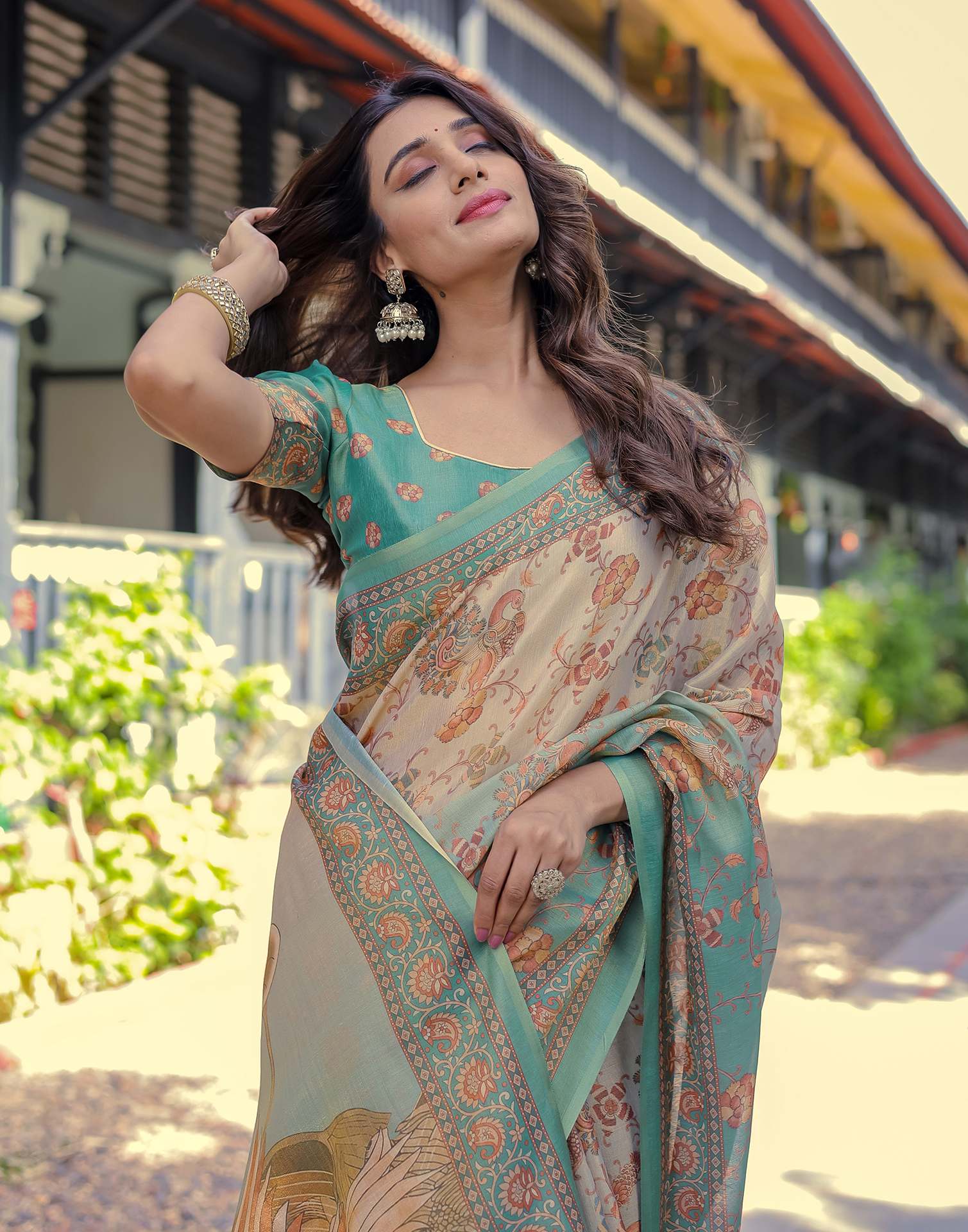 Teal Blue Shimmer Silk Printed Saree