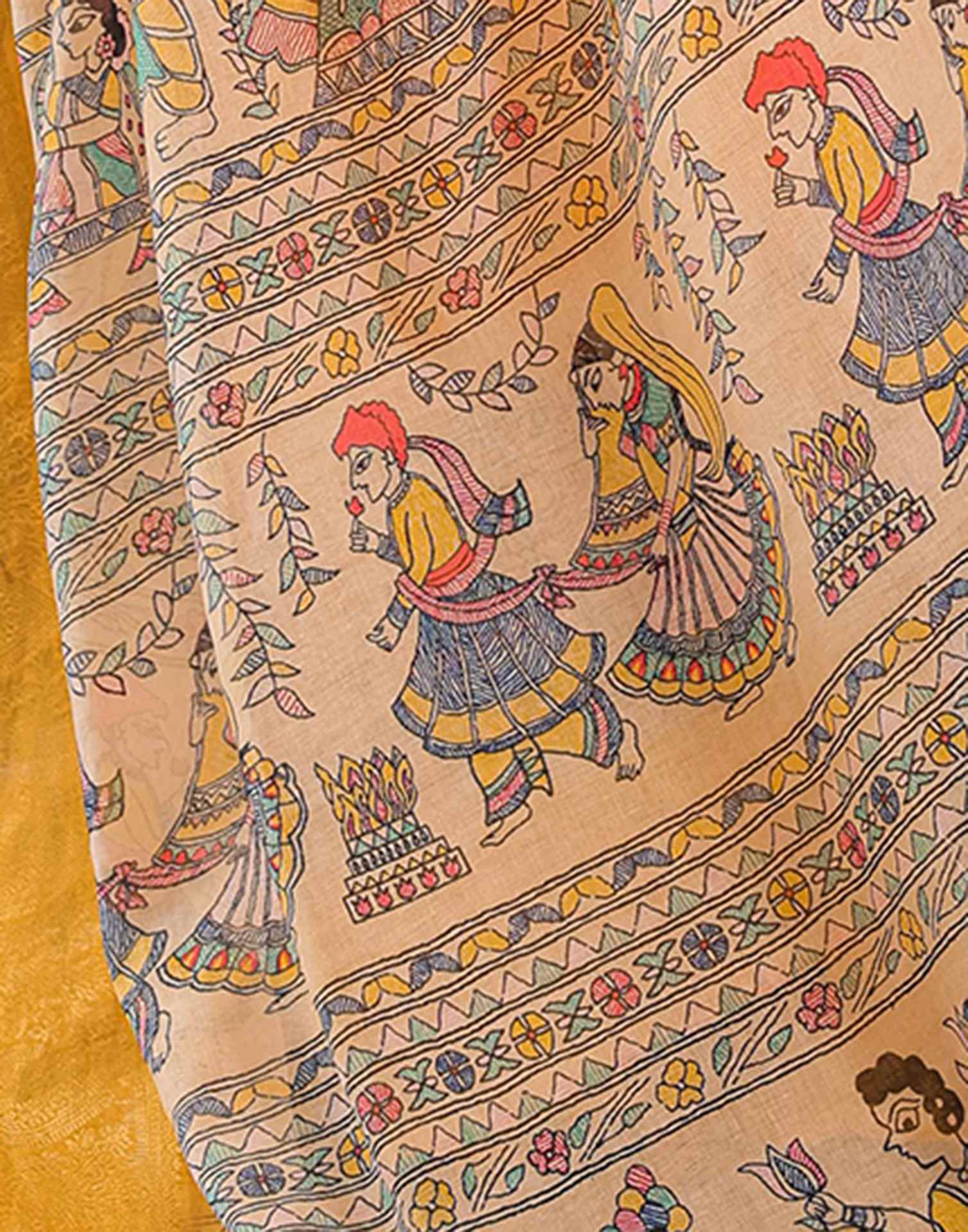 Yellow Linen Printed Saree