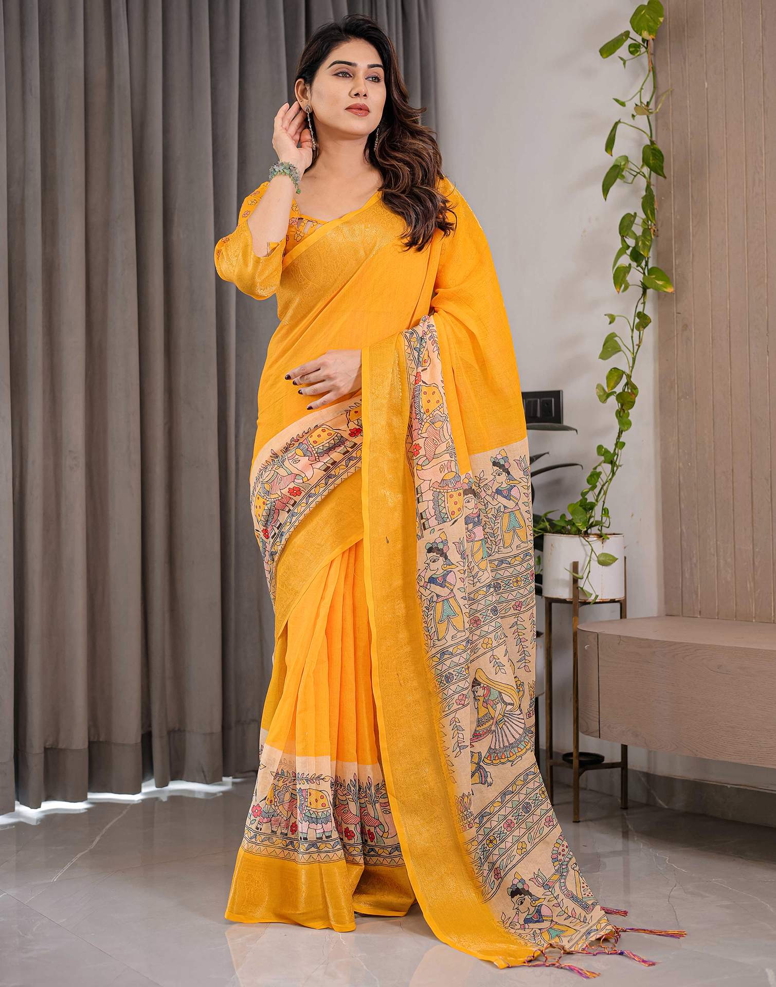 Yellow Linen Printed Saree