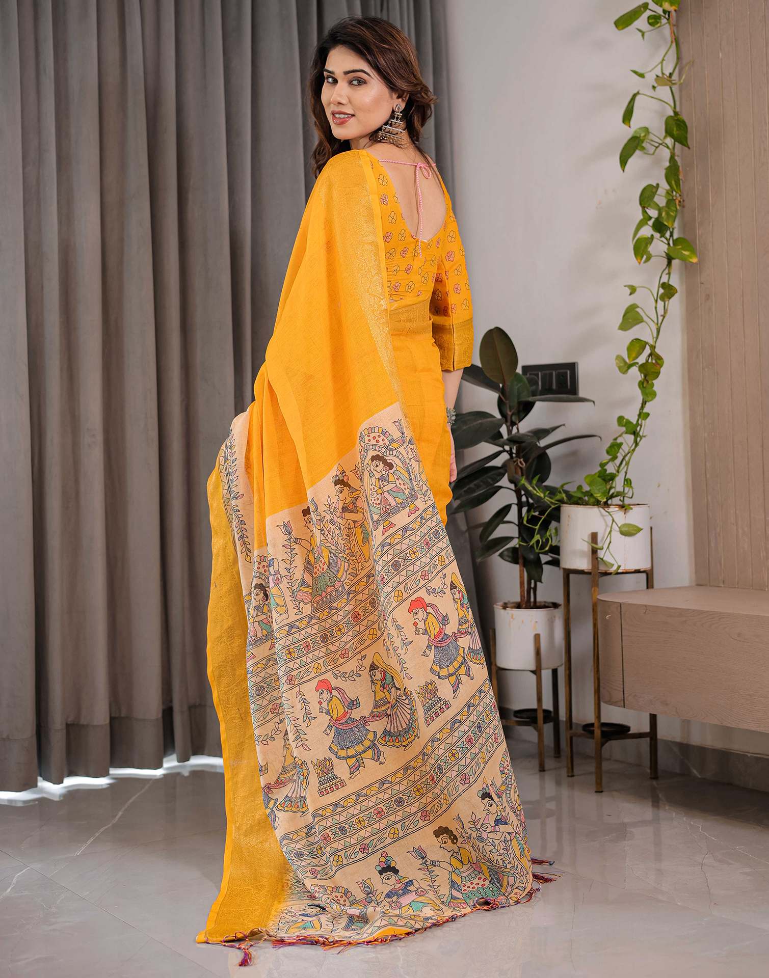 Yellow Linen Printed Saree