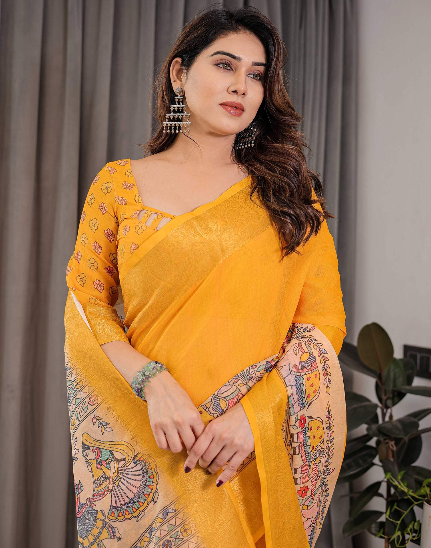 Yellow Linen Printed Saree