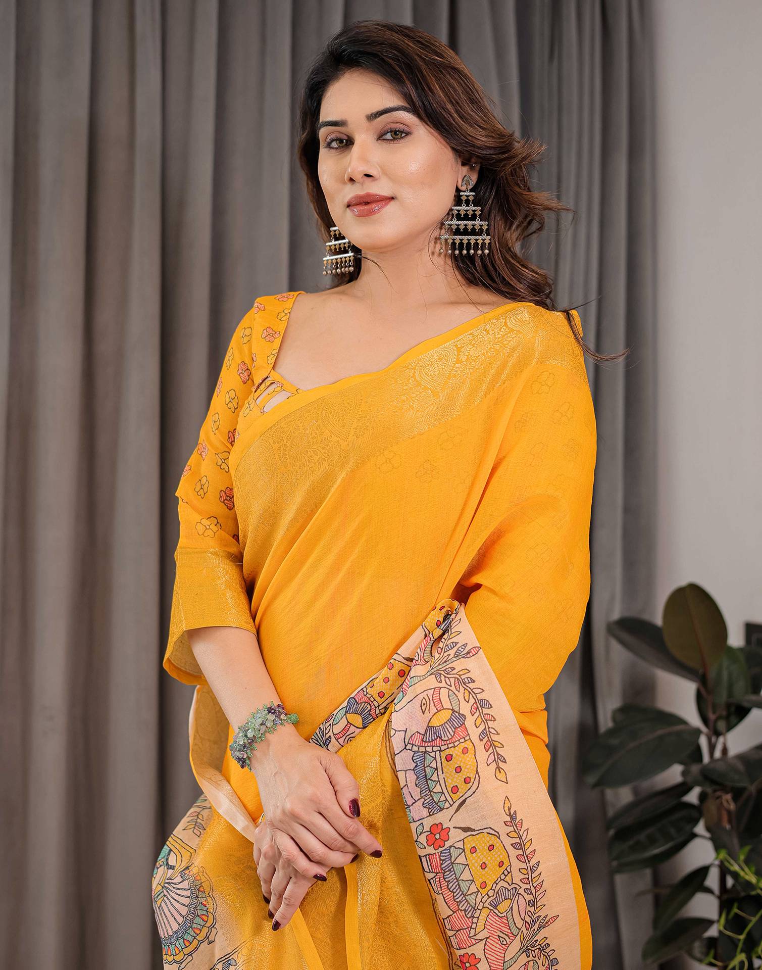 Yellow Linen Printed Saree