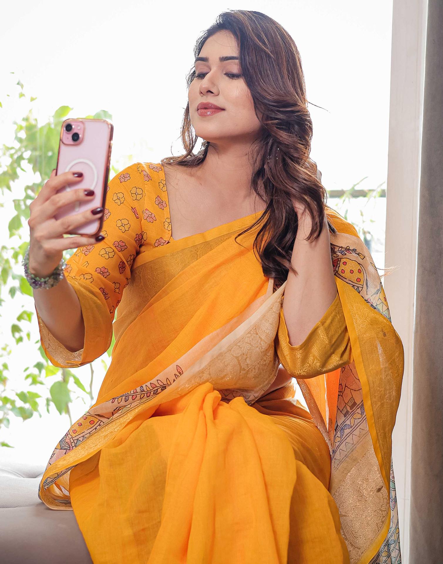 Yellow Linen Printed Saree