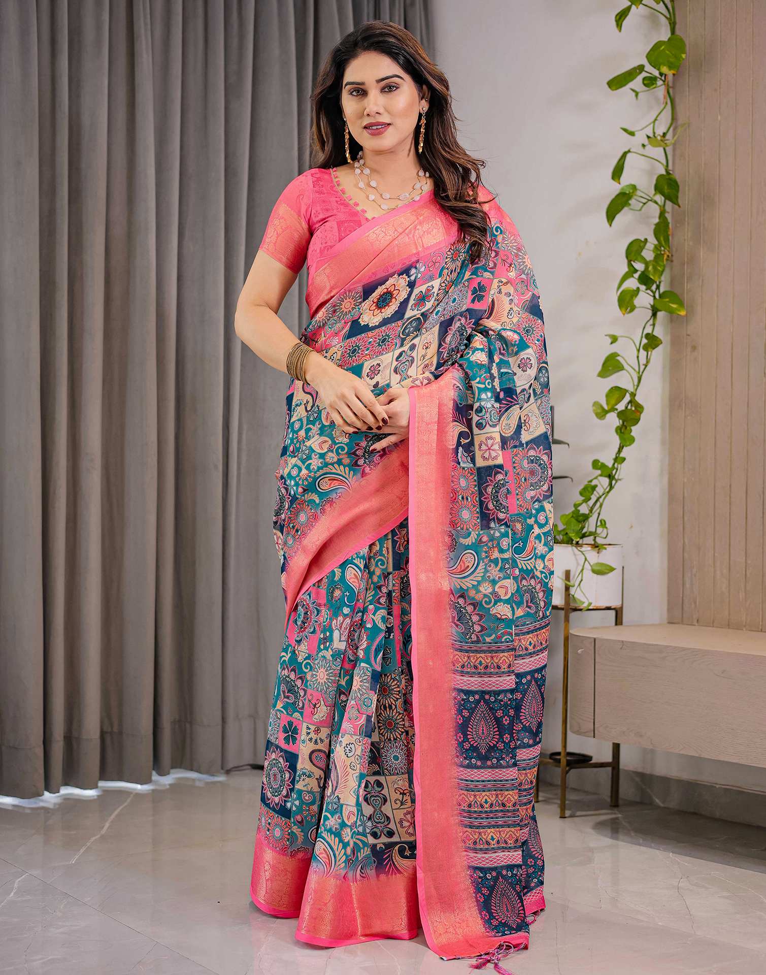 Navy Blue Linen Printed Saree