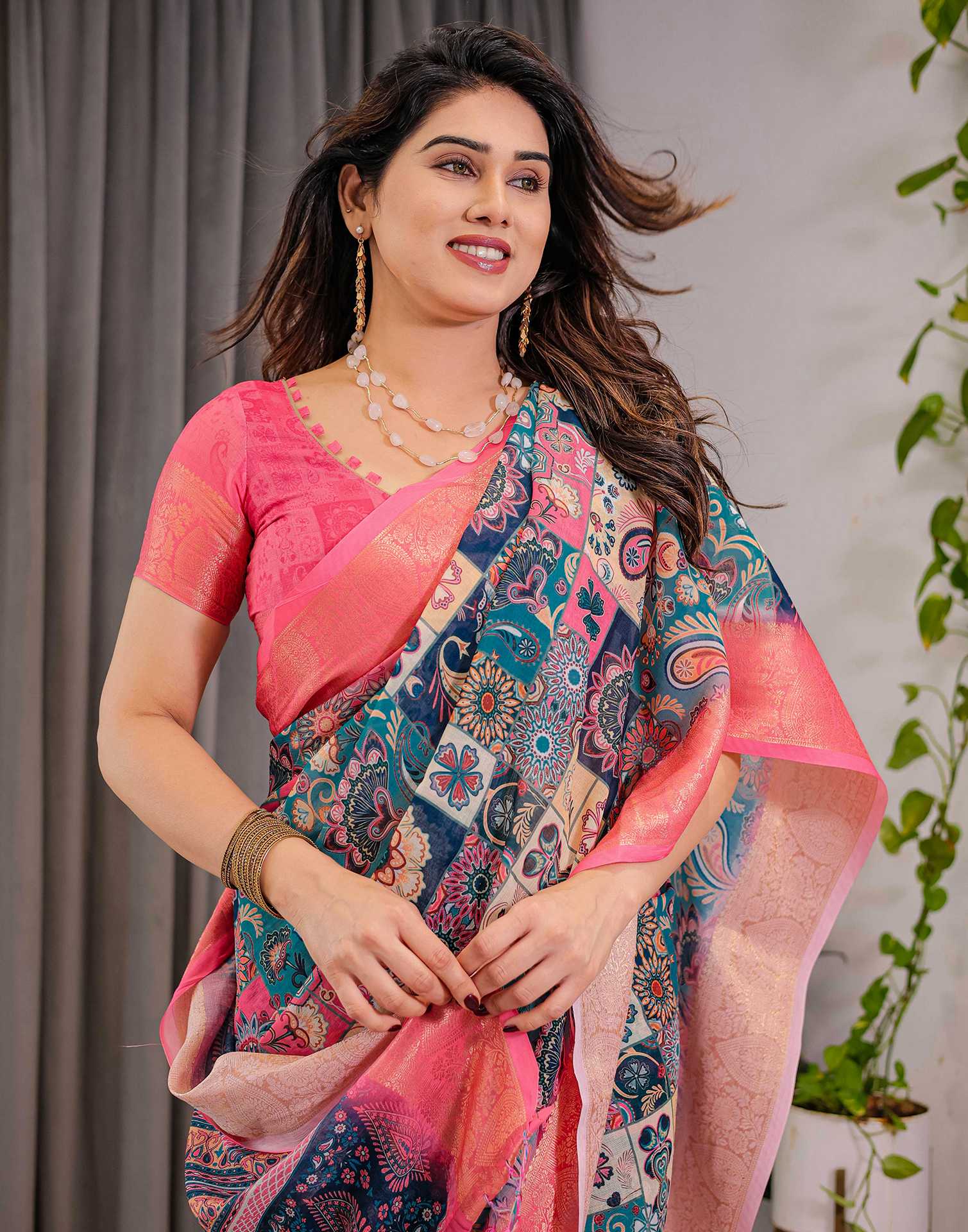 Navy Blue Linen Printed Saree