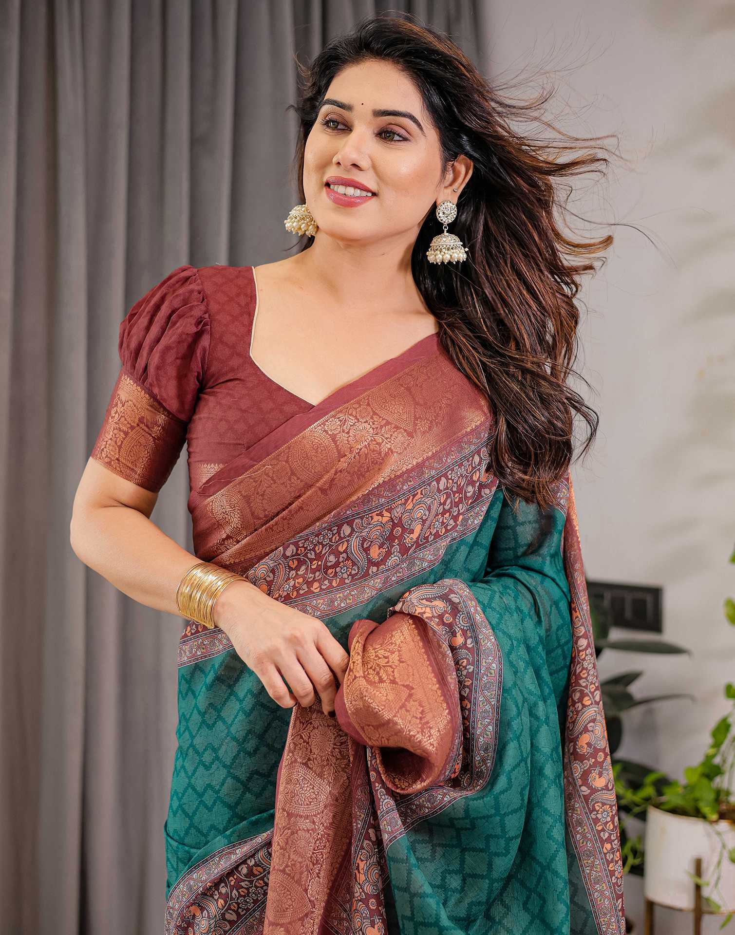 Green Linen Printed Saree