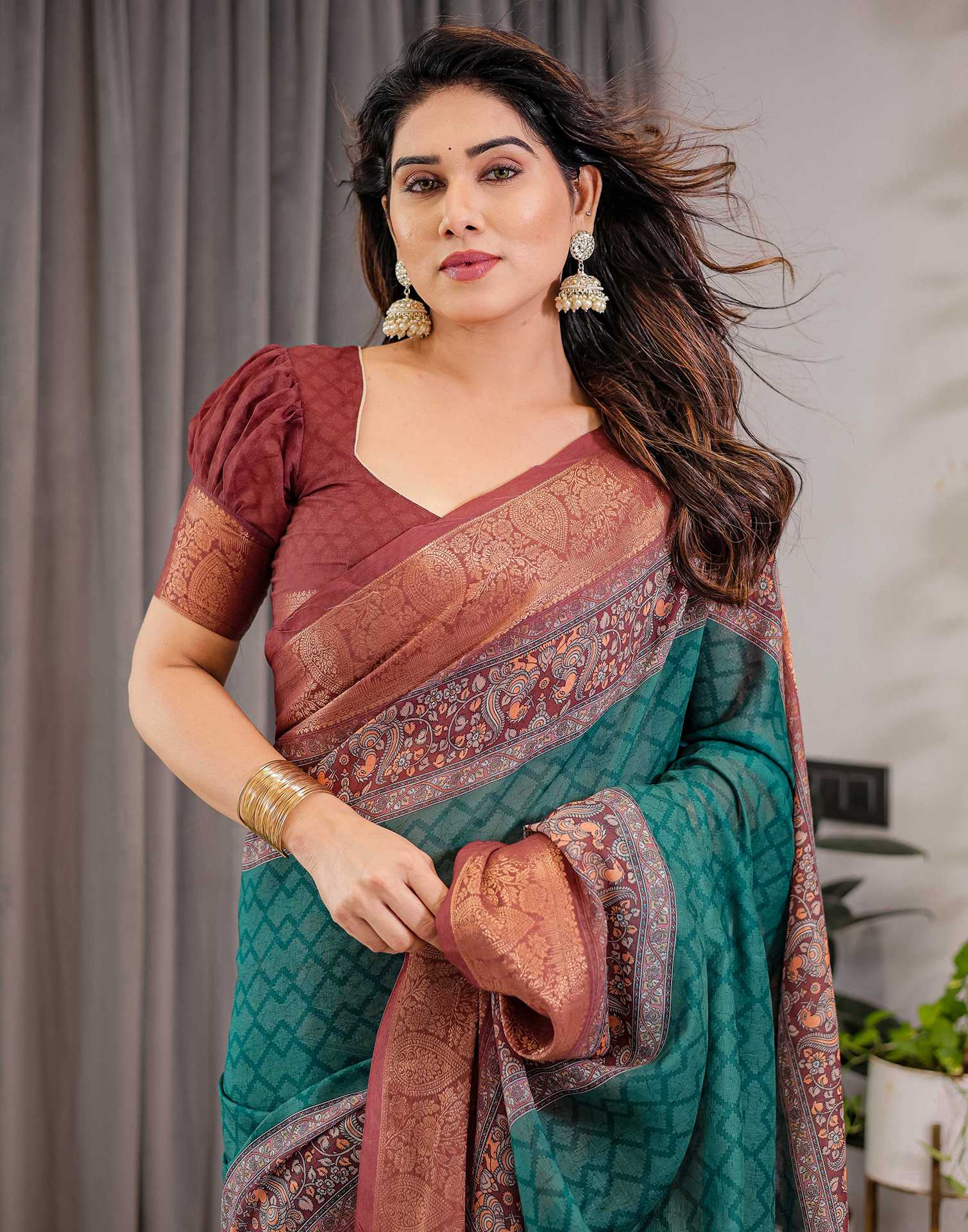 Green Linen Printed Saree