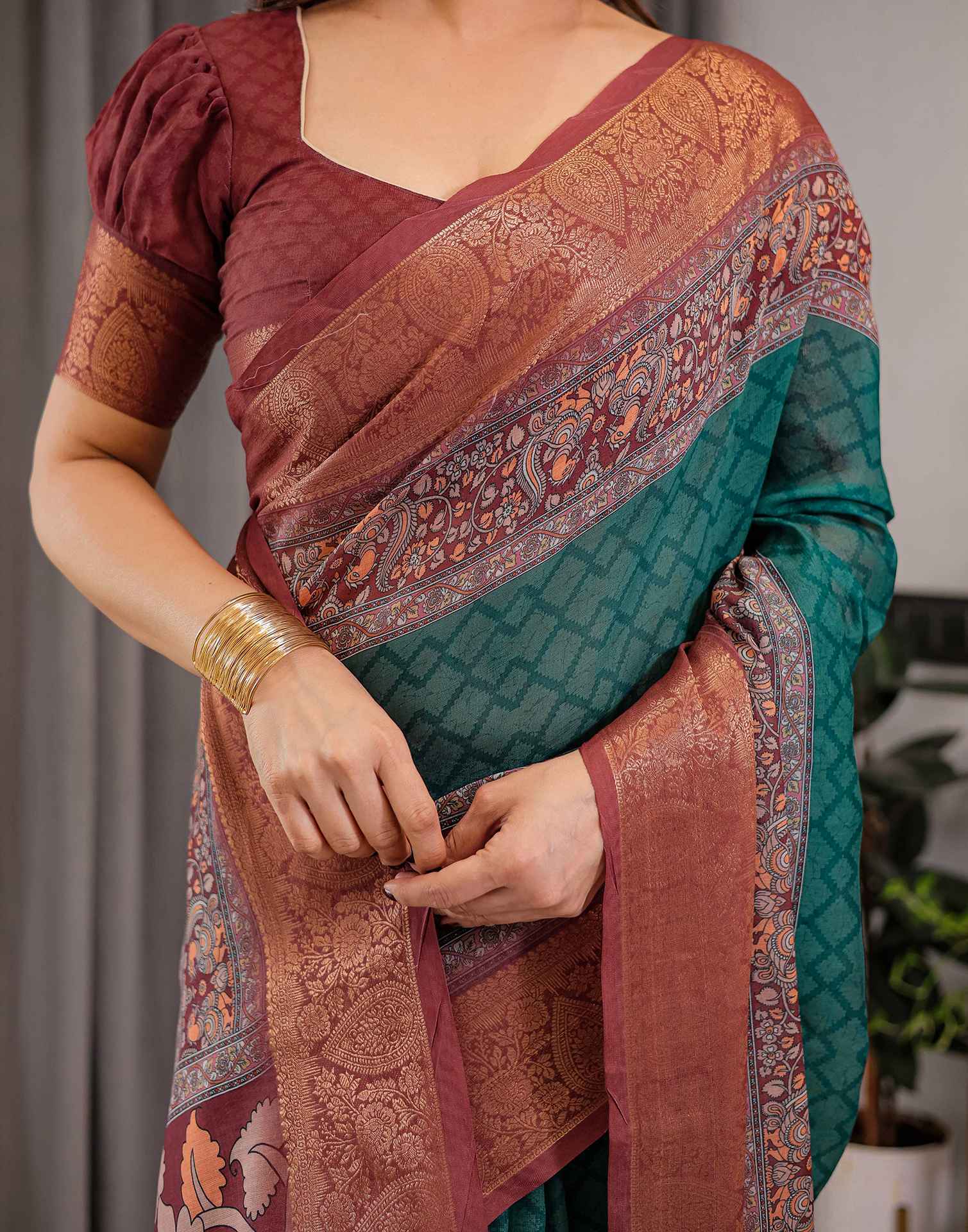 Green Linen Printed Saree